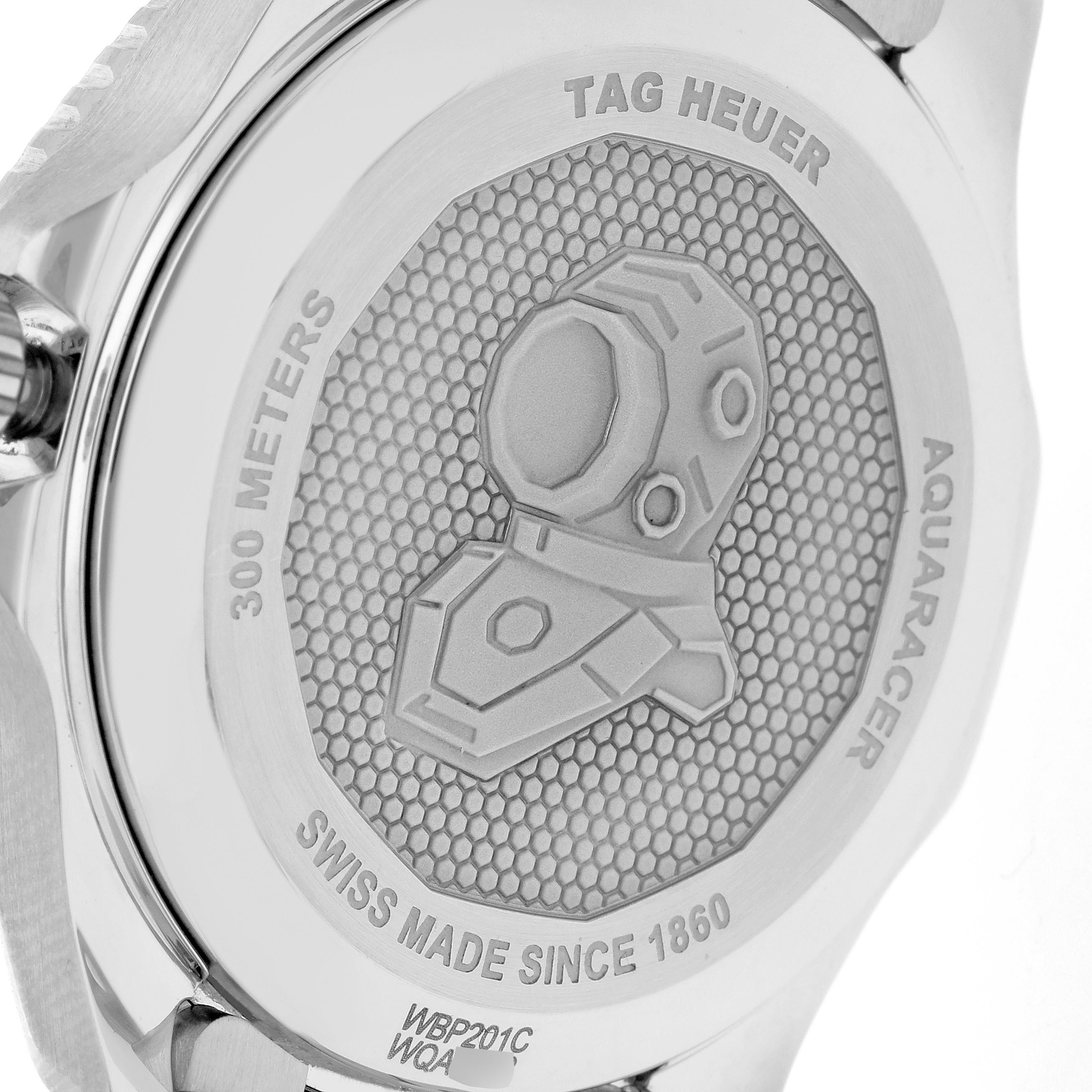 The image shows the back case of the Tag Heuer Aquaracer WBP201C.BA0632 Men's Stainless Steel Silver Dial WBP201C.BA0632 Men's Stainless Steel Silver Dial, highlighting engravings and design details.