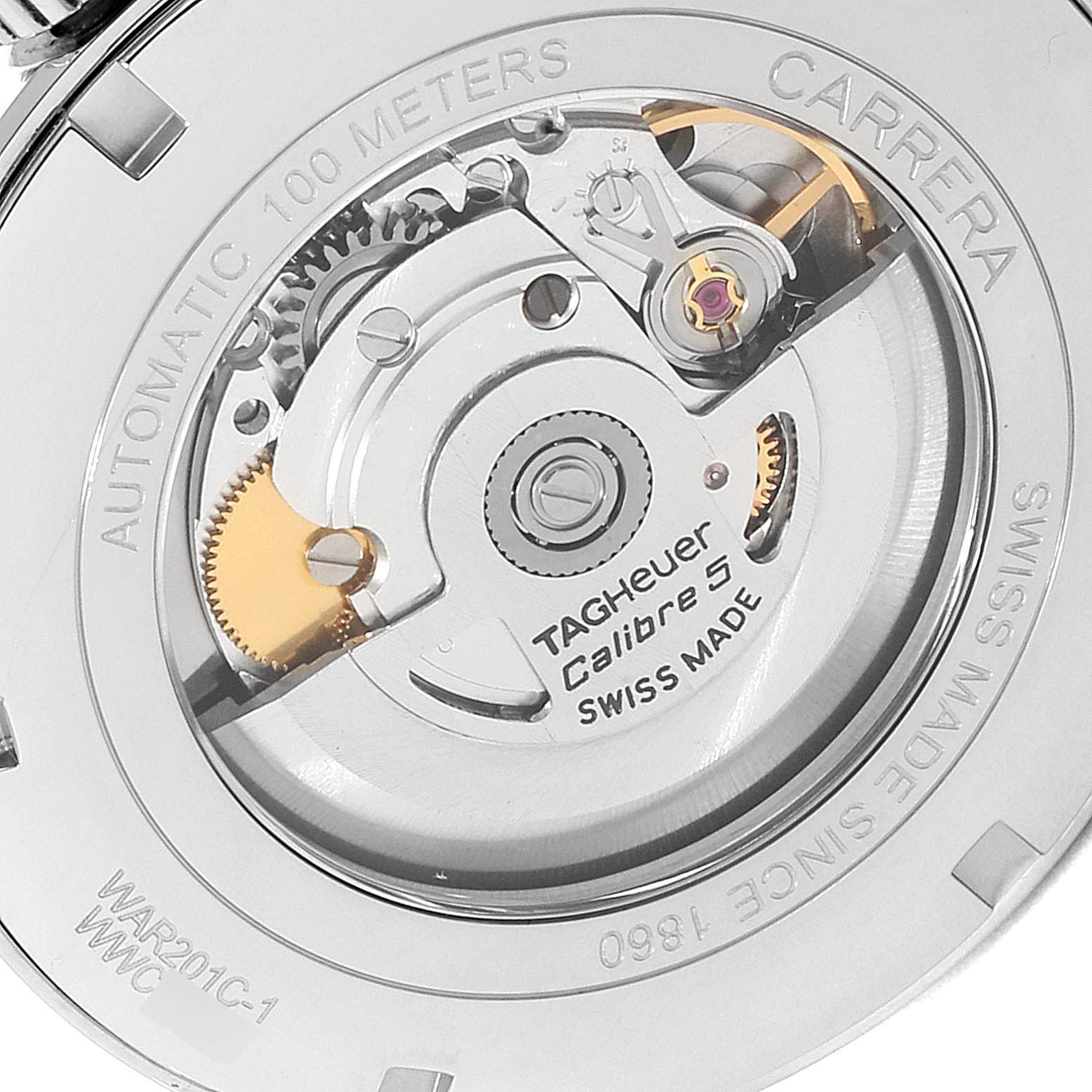 The image shows the back view of a Tag Heuer Carrera WAR201C.BA0723 Men's Stainless Steel Grey Dial WAR201C.BA0723 Men's Stainless Steel Grey Dial watch, displaying its automatic movement and internal mechanisms.