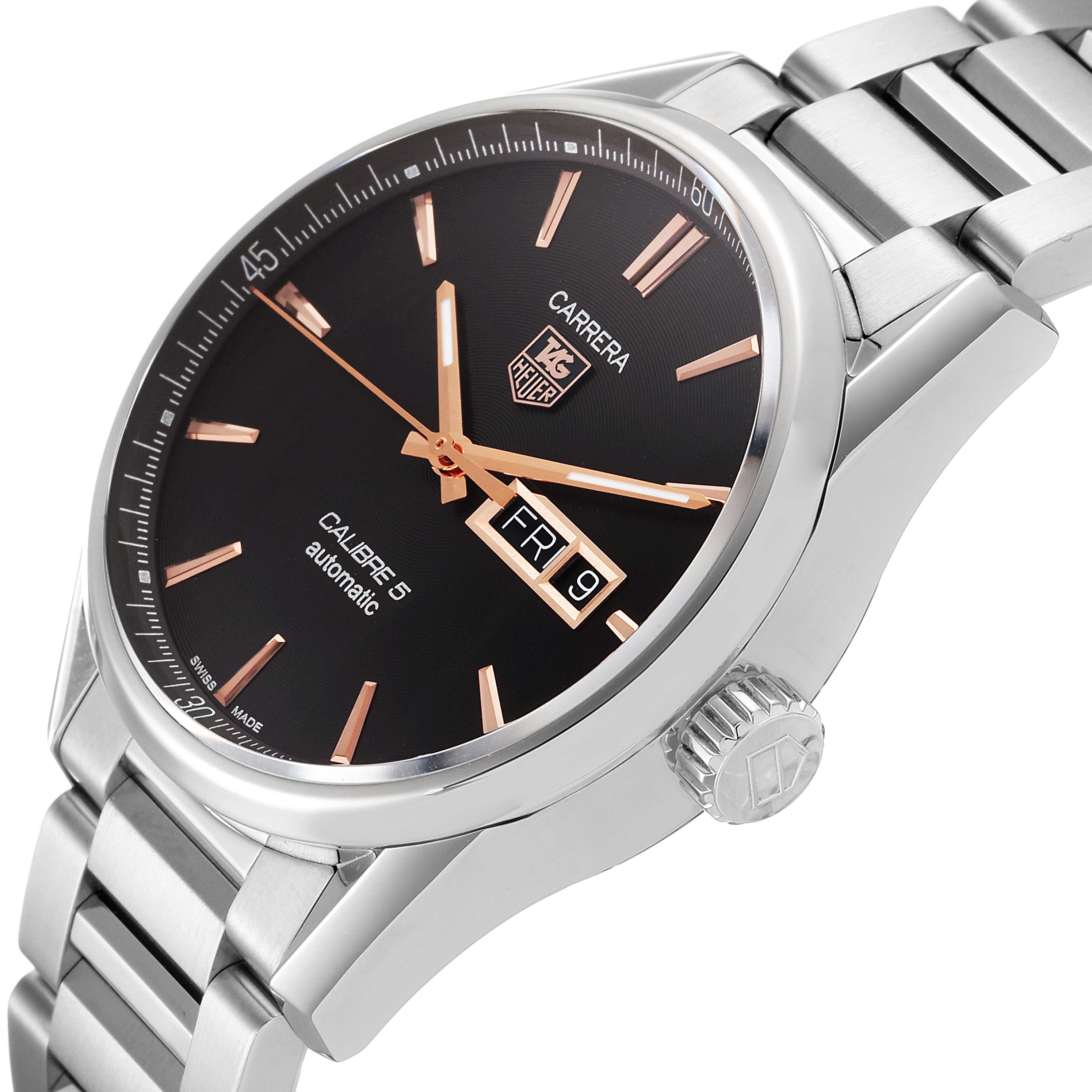 This Tag Heuer Carrera WAR201C.BA0723 Men's Stainless Steel Grey Dial WAR201C.BA0723 Men's Stainless Steel Grey Dial watch is shown at a tilted angle, highlighting its dial, crown, and bracelet.