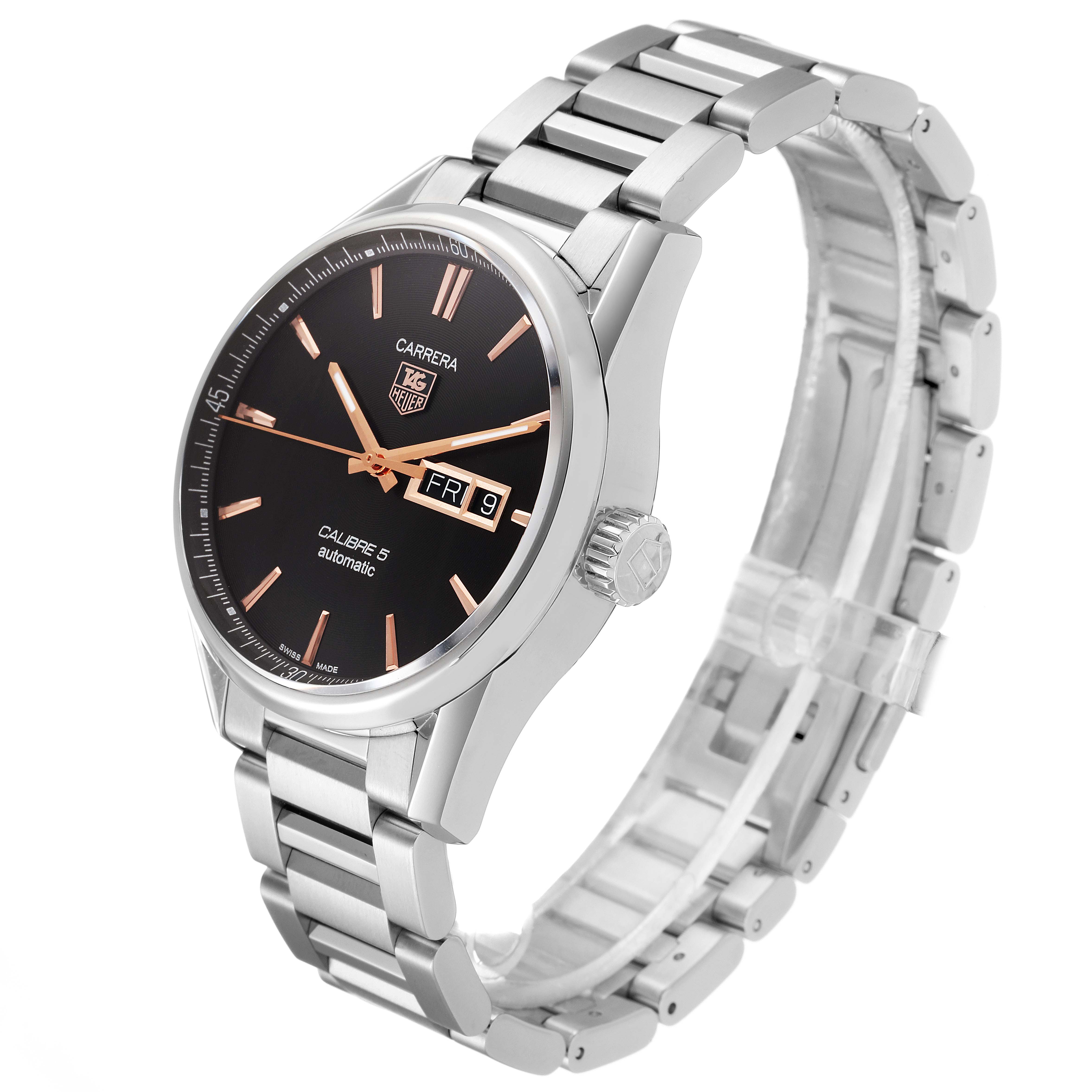 The image shows a Tag Heuer Carrera WAR201C.BA0723 Men's Stainless Steel Grey Dial WAR201C.BA0723 Men's Stainless Steel Grey Dial watch from an oblique angle, highlighting its face, bezel, and metal bracelet.