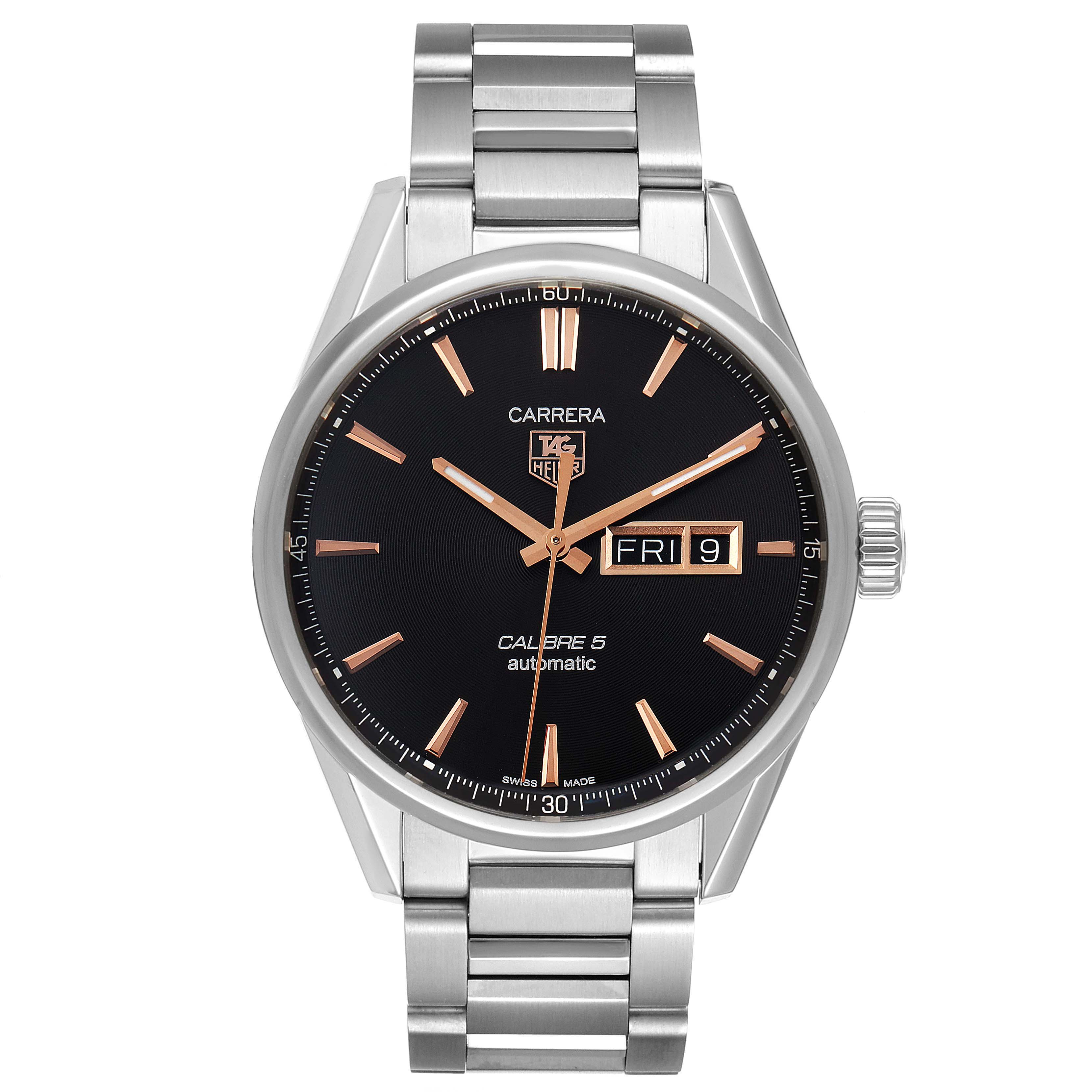 The image shows a front view of a Tag Heuer Carrera WAR201C.BA0723 Men's Stainless Steel Grey Dial WAR201C.BA0723 Men's Stainless Steel Grey Dial watch with a black dial and a stainless steel bracelet.