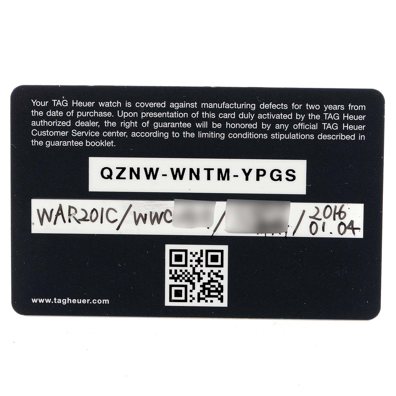 This image shows a warranty card for the Tag Heuer Carrera WAR201C.BA0723 Men's Stainless Steel Grey Dial WAR201C.BA0723 Men's Stainless Steel Grey Dial model, detailing coverage and activation information.