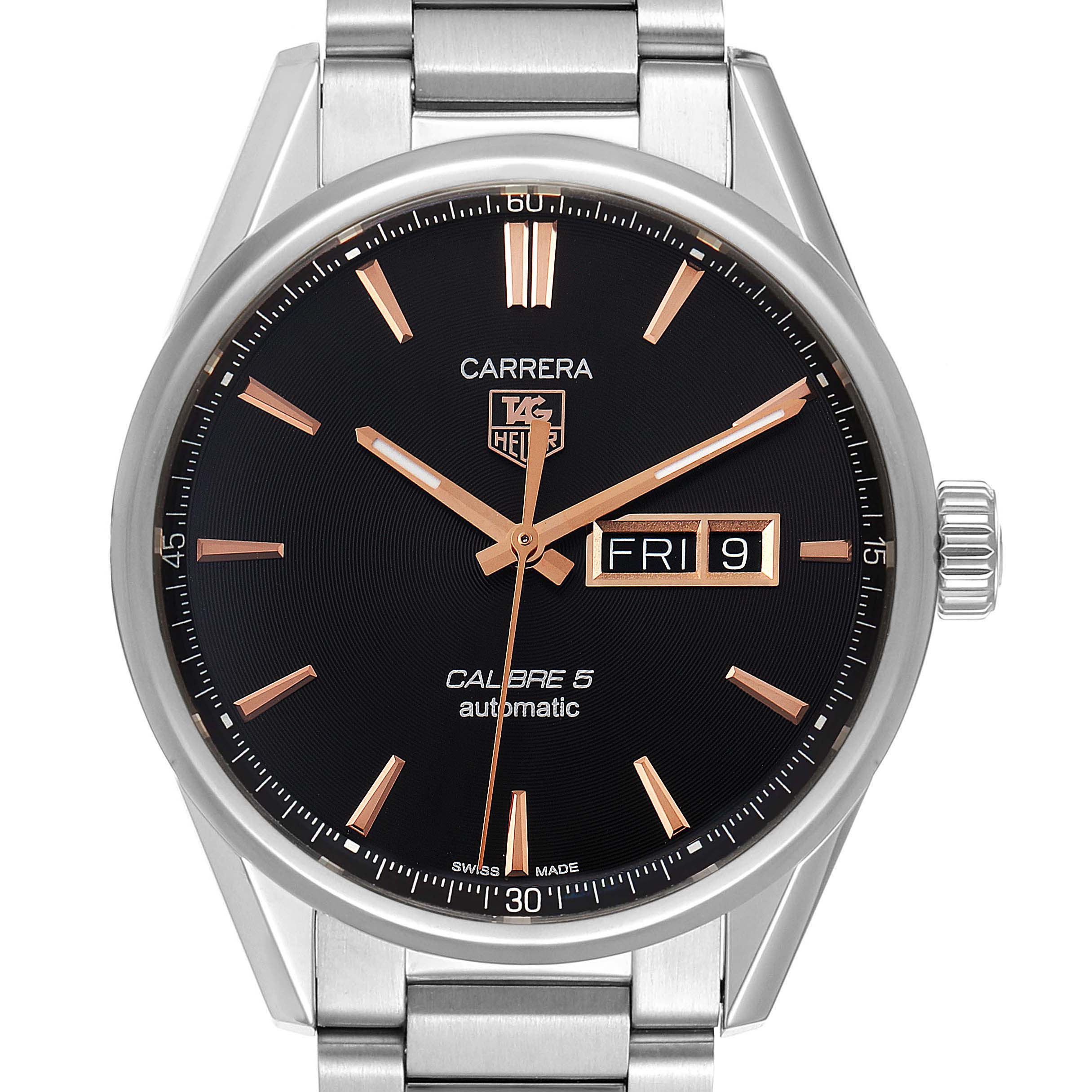 The image shows a front view of the Tag Heuer Carrera WAR201C.BA0723 Men's Stainless Steel Grey Dial WAR201C.BA0723 Men's Stainless Steel Grey Dial Calibre 5 Automatic watch, featuring the dial, hands, date window, and part of the bracelet.