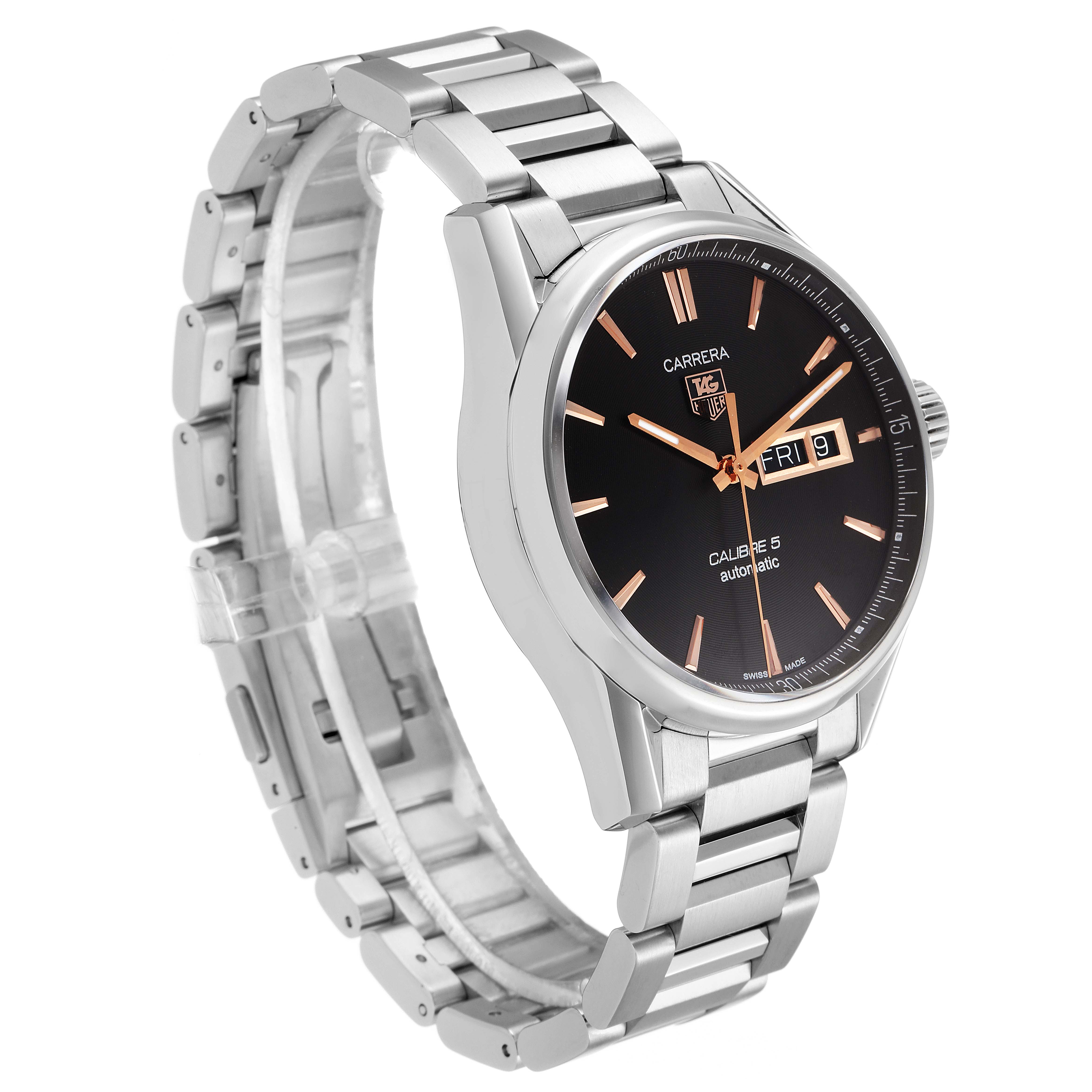 The image shows a Tag Heuer Carrera WAR201C.BA0723 Men's Stainless Steel Grey Dial WAR201C.BA0723 Men's Stainless Steel Grey Dial watch from a partially side angle, highlighting its face, bezel, and stainless steel bracelet.