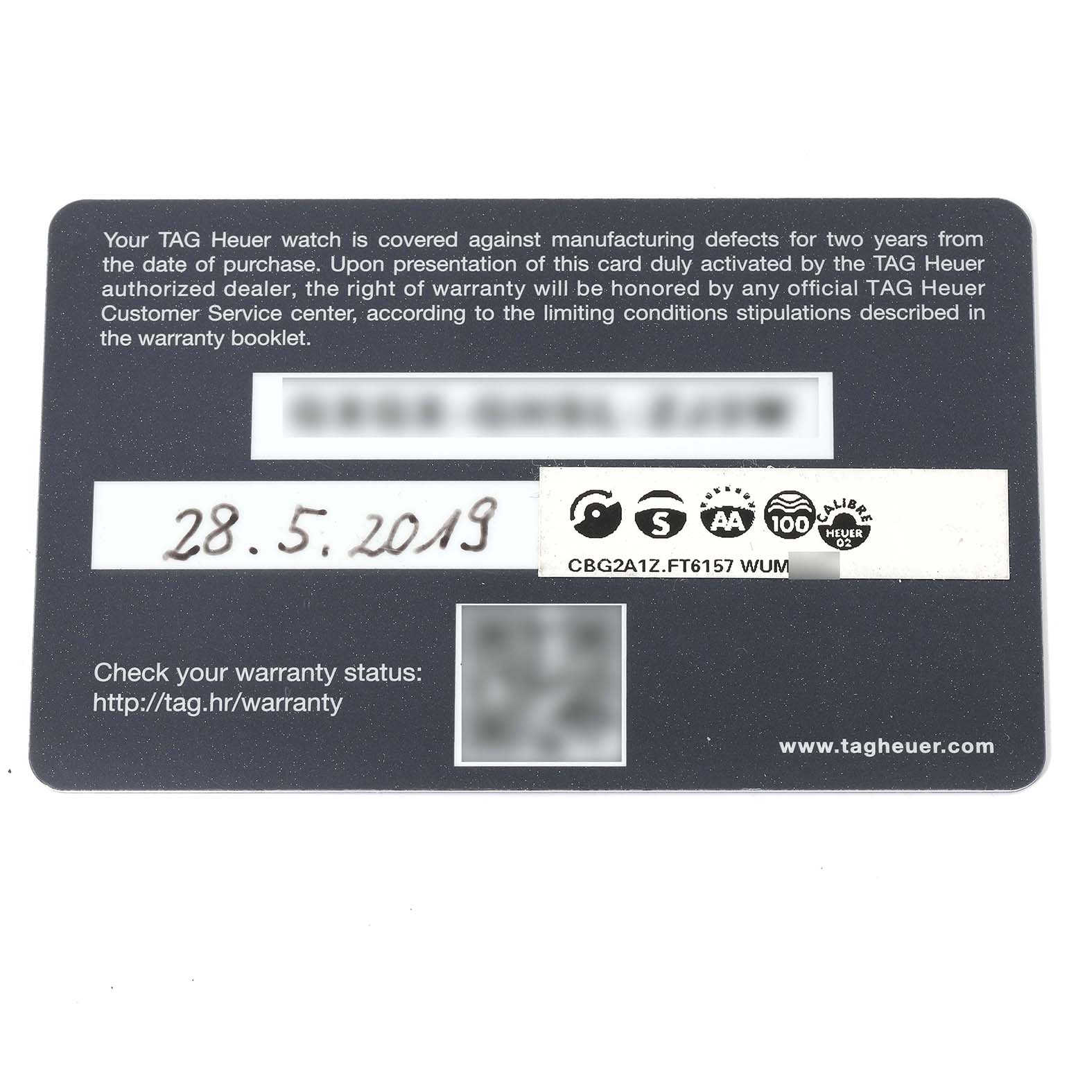 The image shows the warranty card for the Tag Heuer Carrera CBG2A1Z.BA0658 Men's Stainless Steel Black Dial CBG2A1Z.BA0658 Men's Stainless Steel Black Dial model watch, featuring purchase date and warranty terms.
