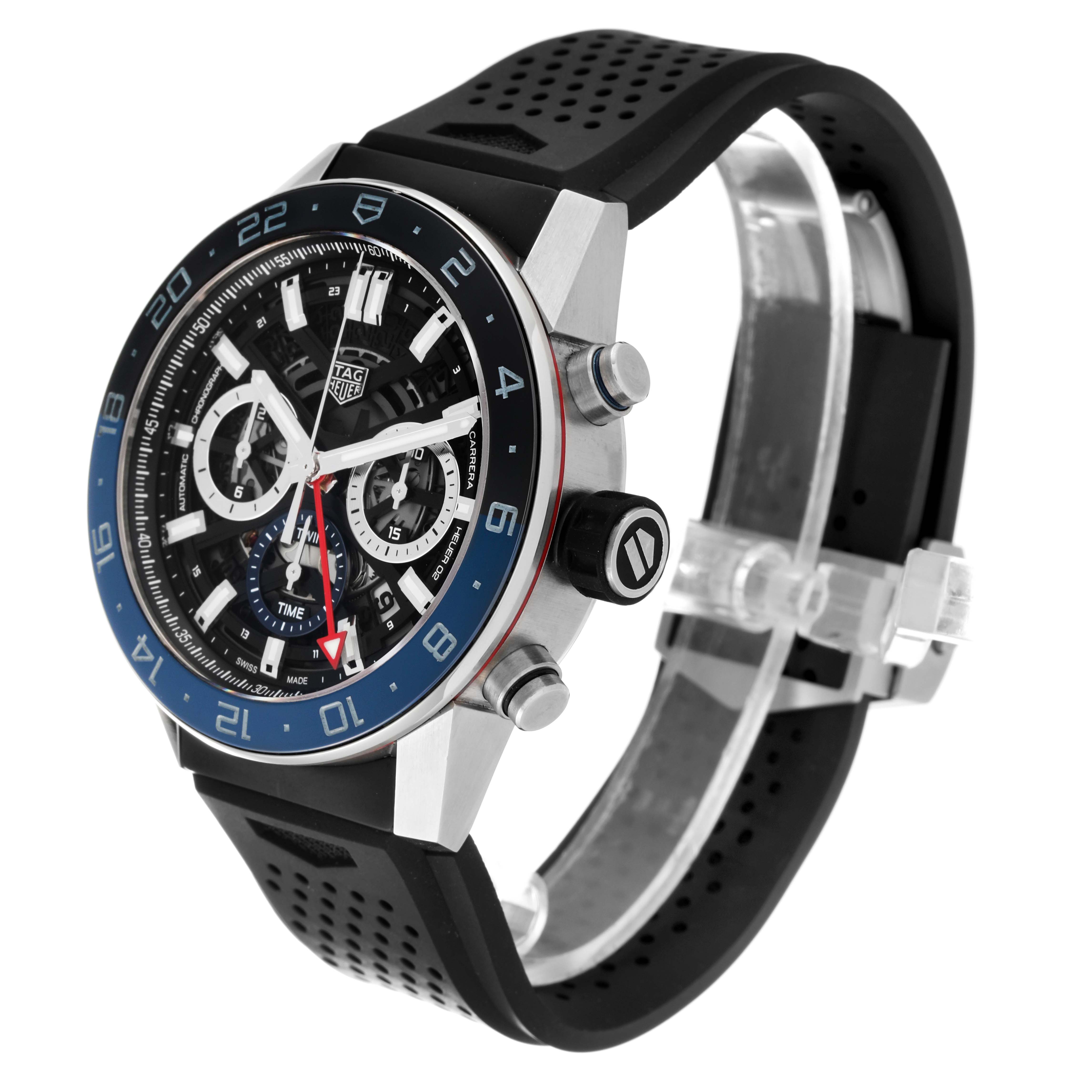 The image shows a side-angle view of the Tag Heuer Carrera CBG2A1Z.BA0658 Men's Stainless Steel Black Dial CBG2A1Z.BA0658 Men's Stainless Steel Black Dial watch, highlighting its black strap, dial, and push buttons.