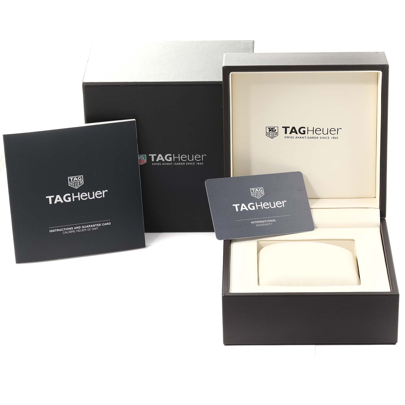 The image shows the box, instruction manual, and warranty card for the Tag Heuer Carrera CBG2A1Z.BA0658 Men's Stainless Steel Black Dial CBG2A1Z.BA0658 Men's Stainless Steel Black Dial watch.