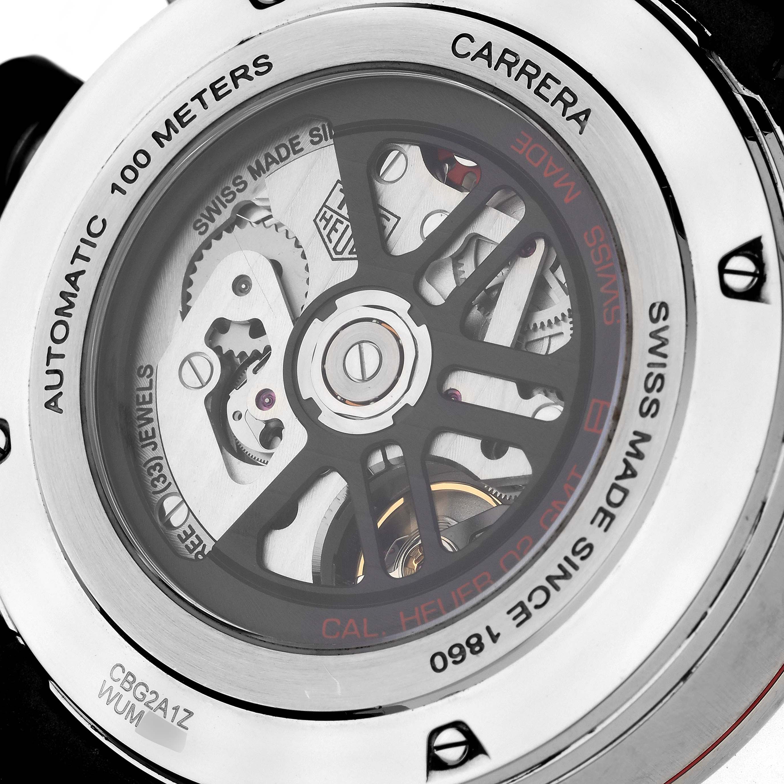 This image shows the back view of a Tag Heuer Carrera CBG2A1Z.BA0658 Men's Stainless Steel Black Dial CBG2A1Z.BA0658 Men's Stainless Steel Black Dial watch, highlighting its automatic movement and inner mechanisms.