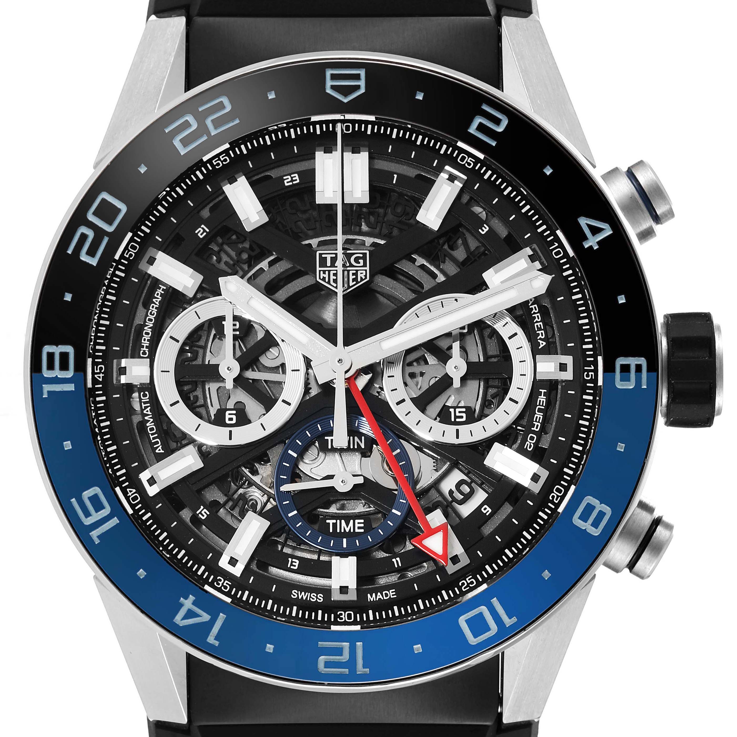 The Tag Heuer Carrera CBG2A1Z.BA0658 Men's Stainless Steel Black Dial CBG2A1Z.BA0658 Men's Stainless Steel Black Dial watch is shown from the front, highlighting its intricate dial and bezel.