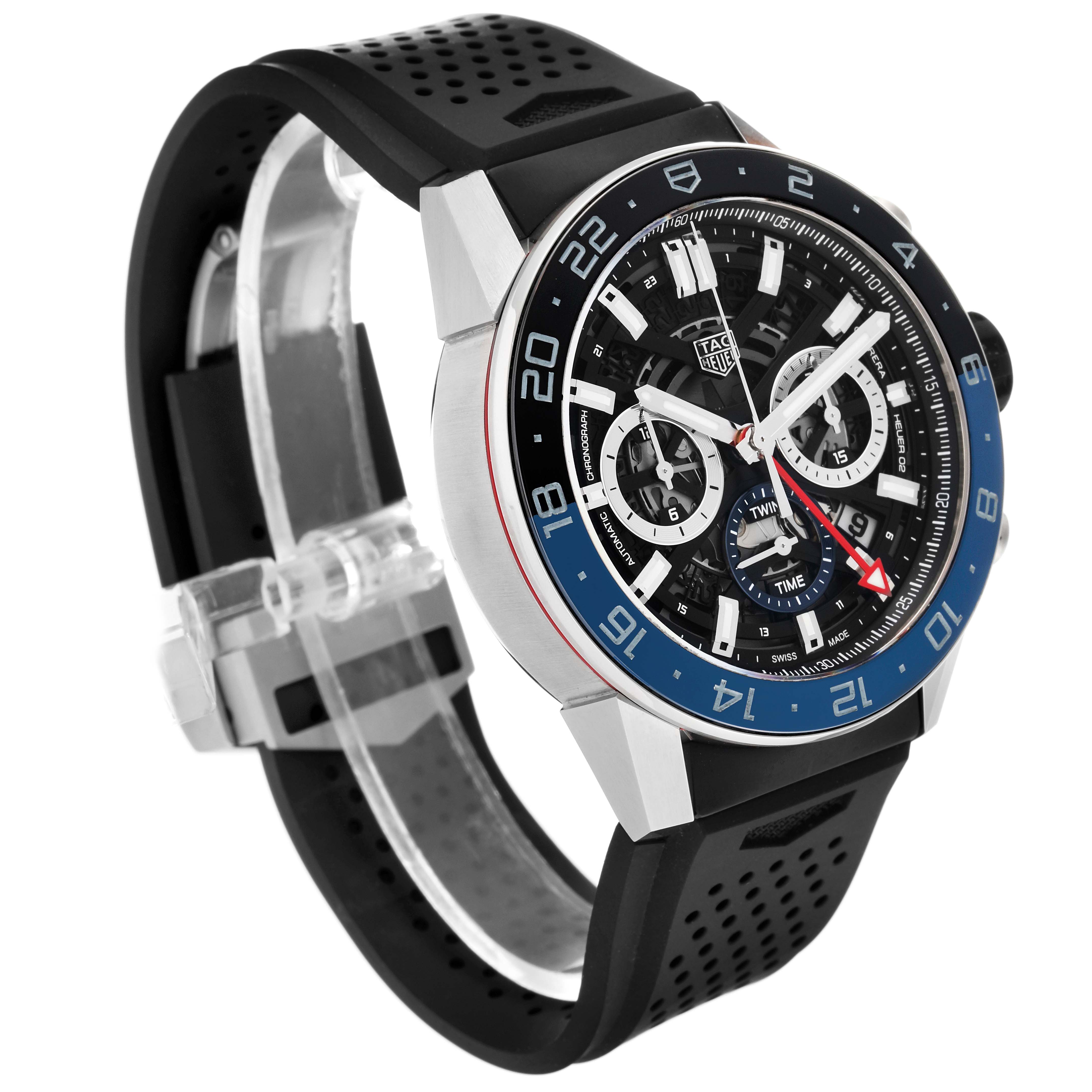 The image shows a side view of the Tag Heuer Carrera CBG2A1Z.BA0658 Men's Stainless Steel Black Dial CBG2A1Z.BA0658 Men's Stainless Steel Black Dial watch, highlighting its face, bezel, and band.