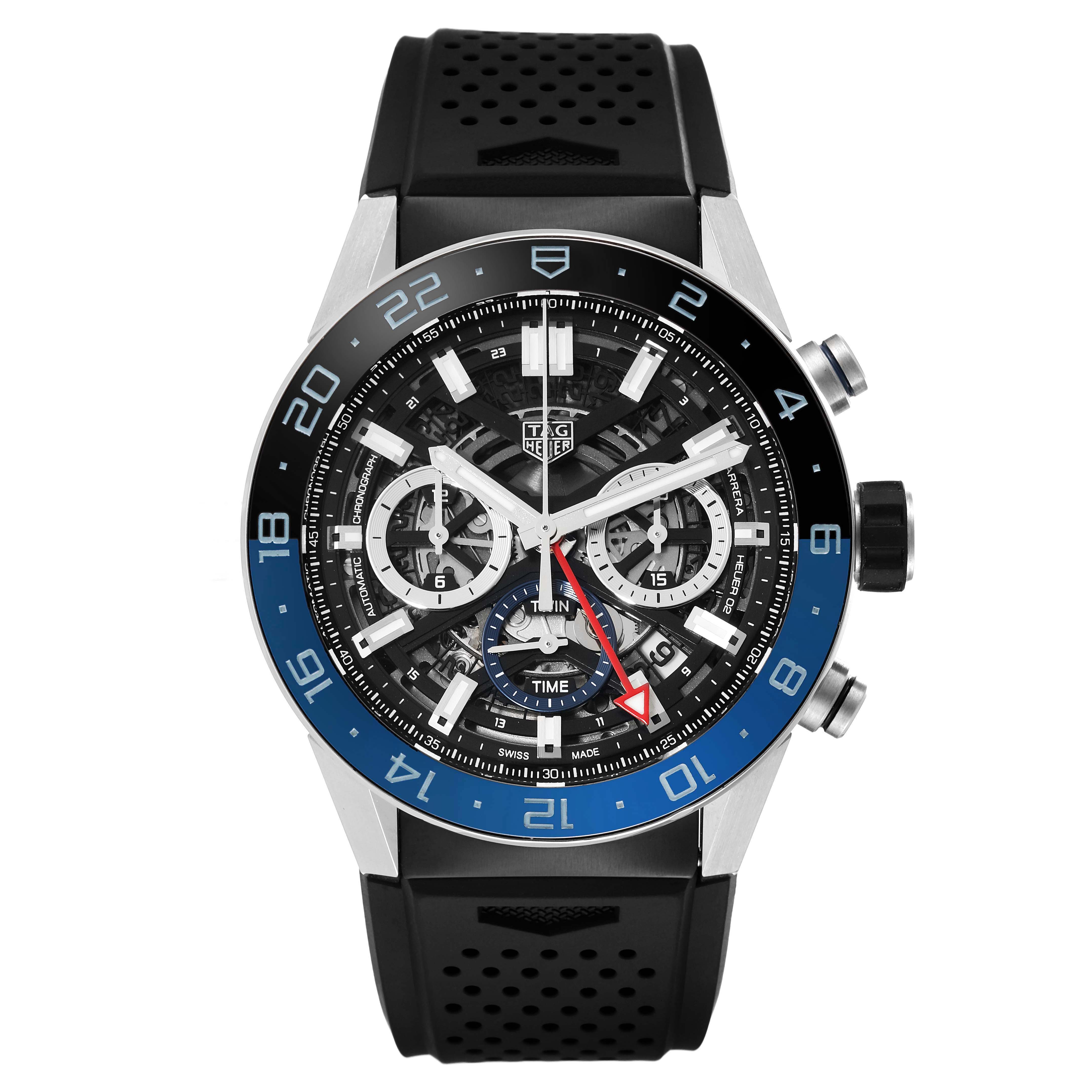 This image shows a frontal view of the Tag Heuer Carrera CBG2A1Z.BA0658 Men's Stainless Steel Black Dial CBG2A1Z.BA0658 Men's Stainless Steel Black Dial watch, highlighting its dial, bezel, and rubber strap.