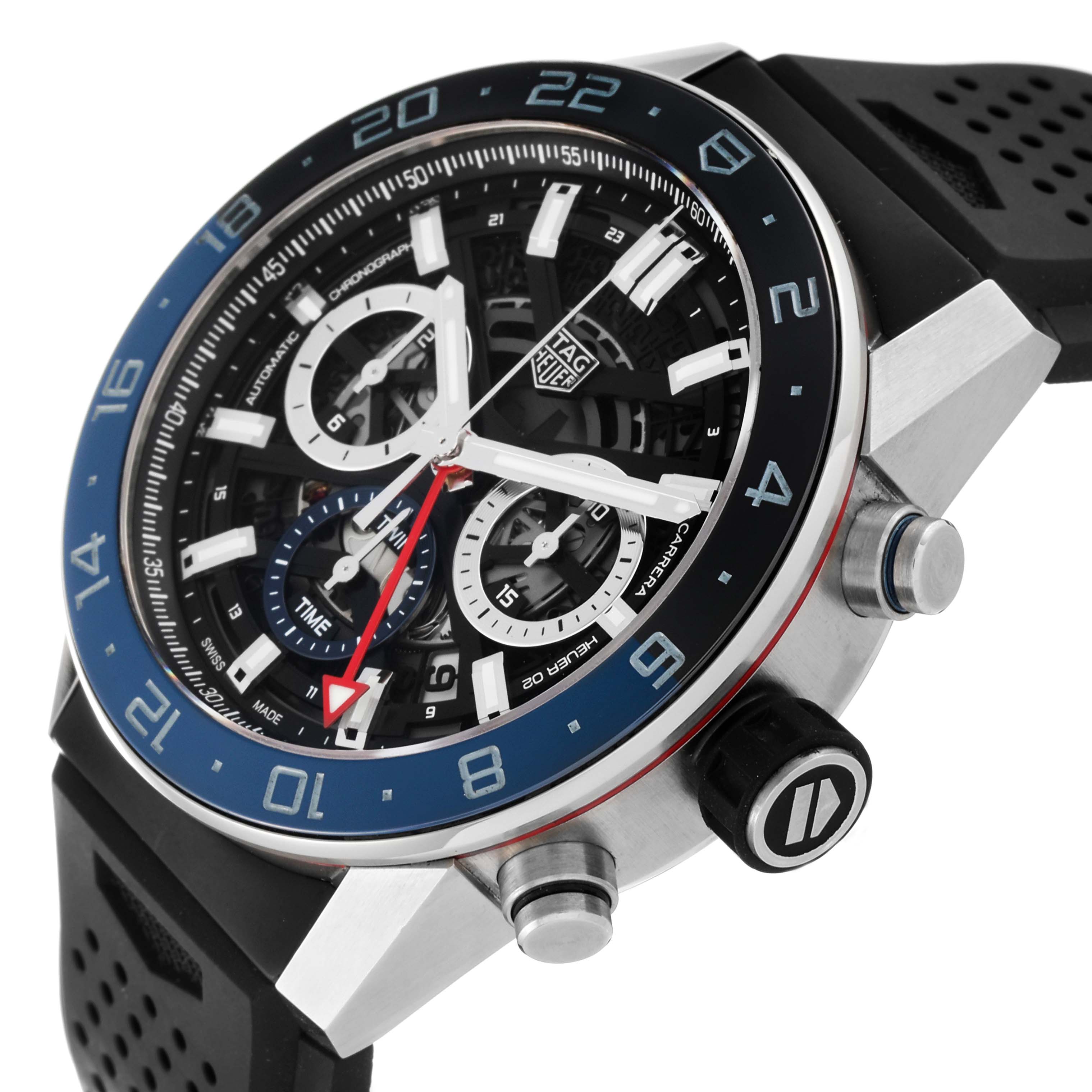 The image shows a Tag Heuer Carrera CBG2A1Z.BA0658 Men's Stainless Steel Black Dial CBG2A1Z.BA0658 Men's Stainless Steel Black Dial watch at an angle highlighting the bezel, dial, chronograph subdials, and push buttons.