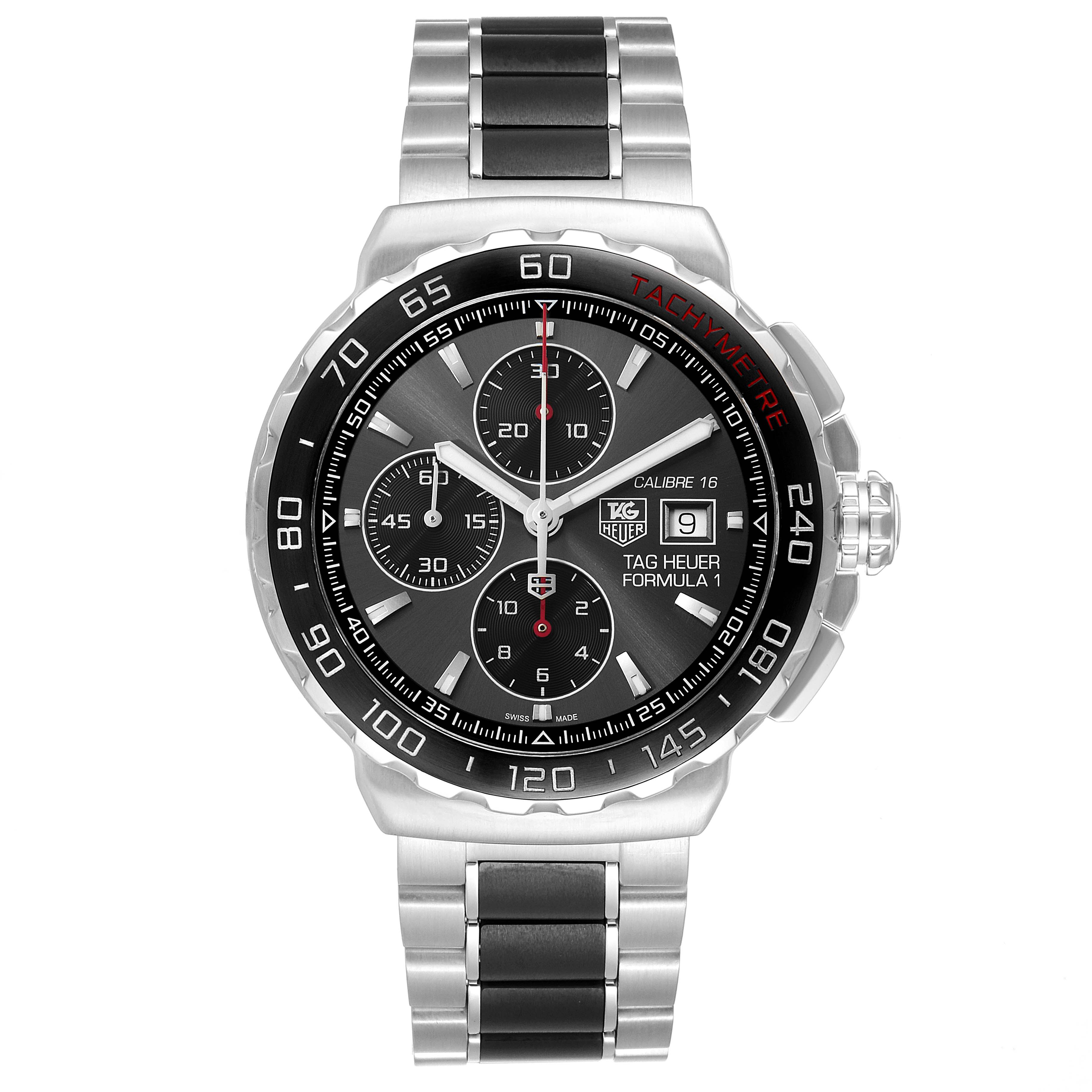 The image shows a full frontal view of a Tag Heuer Formula 1 CAU2011.BA0873 Men's Stainless Steel Grey Dial CAU2011.BA0873 Men's Stainless Steel Grey Dial watch, displaying its face and full stainless steel band.