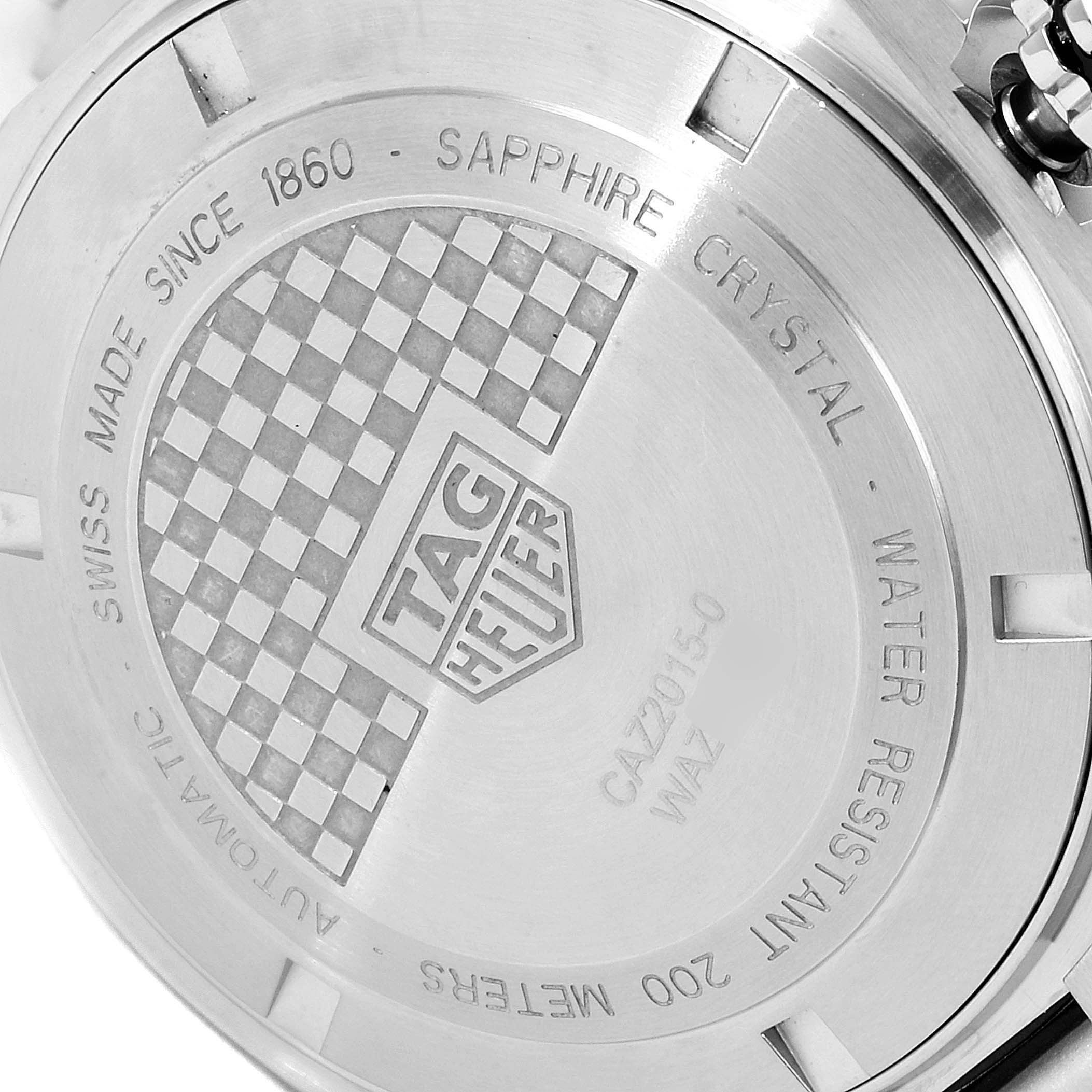 This image shows the back case of a Tag Heuer Formula 1 CAZ2015.BA0876 Men's Stainless Steel Blue Dial CAZ2015.BA0876 Men's Stainless Steel Blue Dial watch, highlighting its brand engraving and specifications.