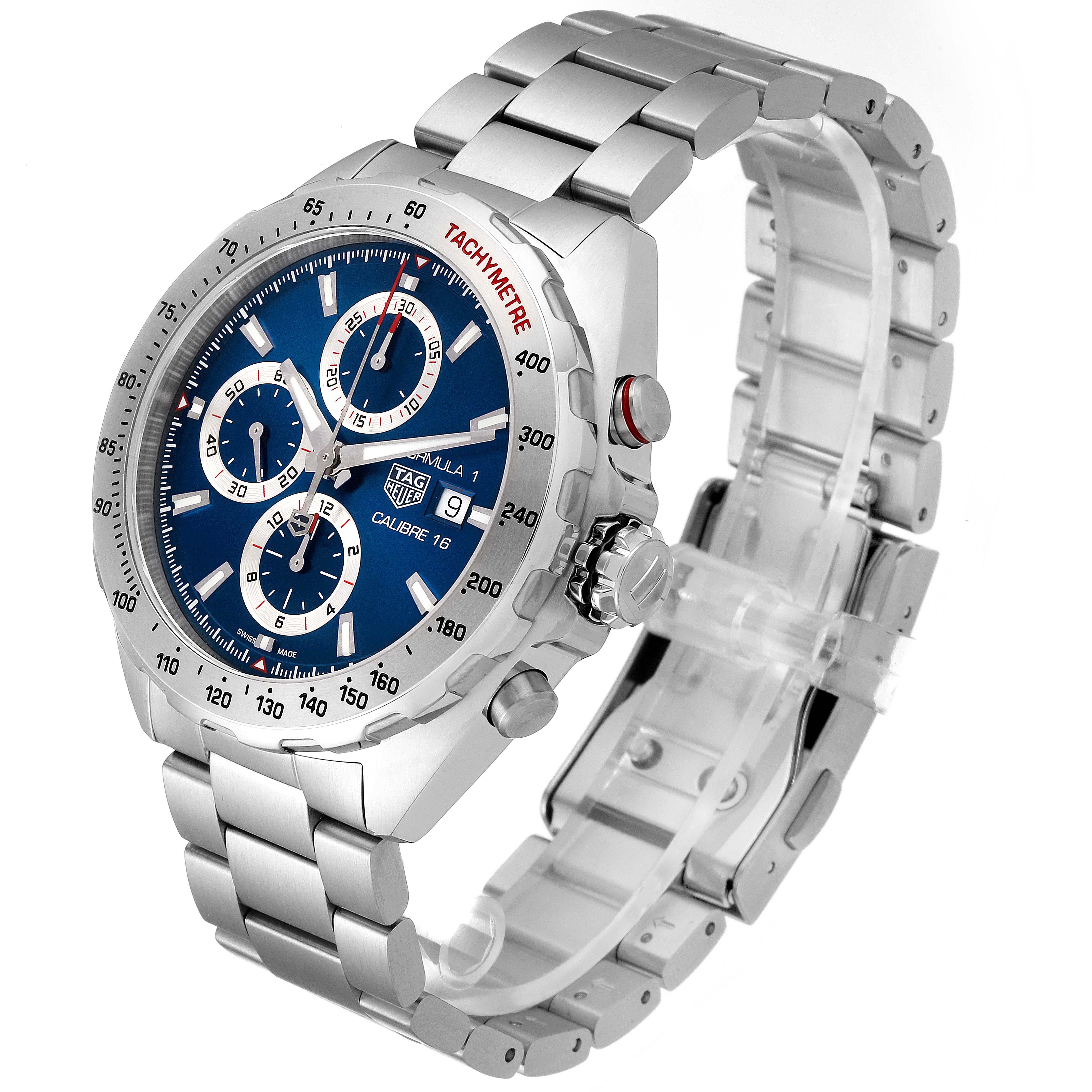 The image shows a Tag Heuer Formula 1 CAZ2015.BA0876 Men's Stainless Steel Blue Dial CAZ2015.BA0876 Men's Stainless Steel Blue Dial watch at a slight angle, highlighting its face, bezel, dials, and metal bracelet.
