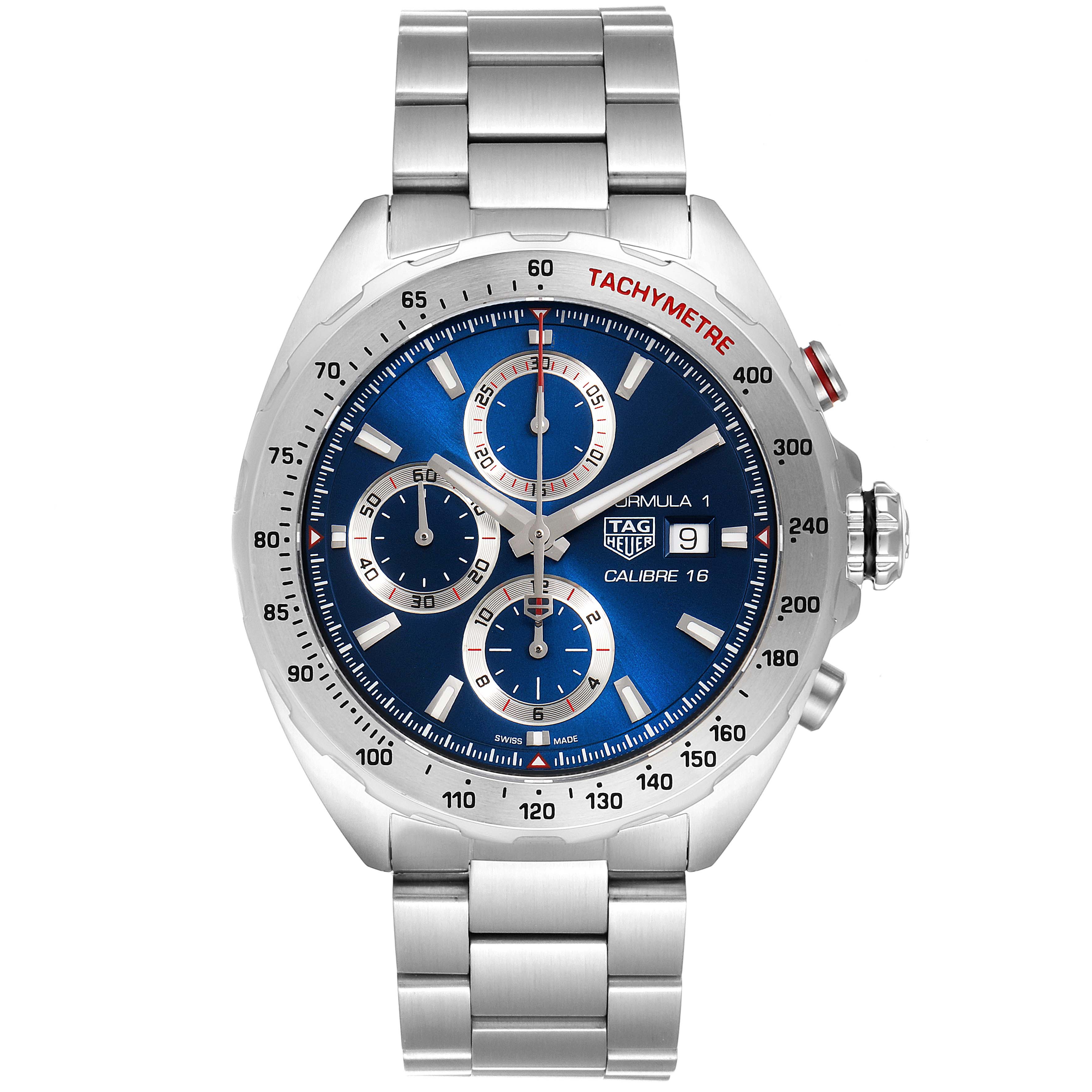 The image shows a front view of the Tag Heuer Formula 1 CAZ2015.BA0876 Men's Stainless Steel Blue Dial CAZ2015.BA0876 Men's Stainless Steel Blue Dial watch, displaying its blue dial, tachymeter bezel, and stainless steel bracelet.