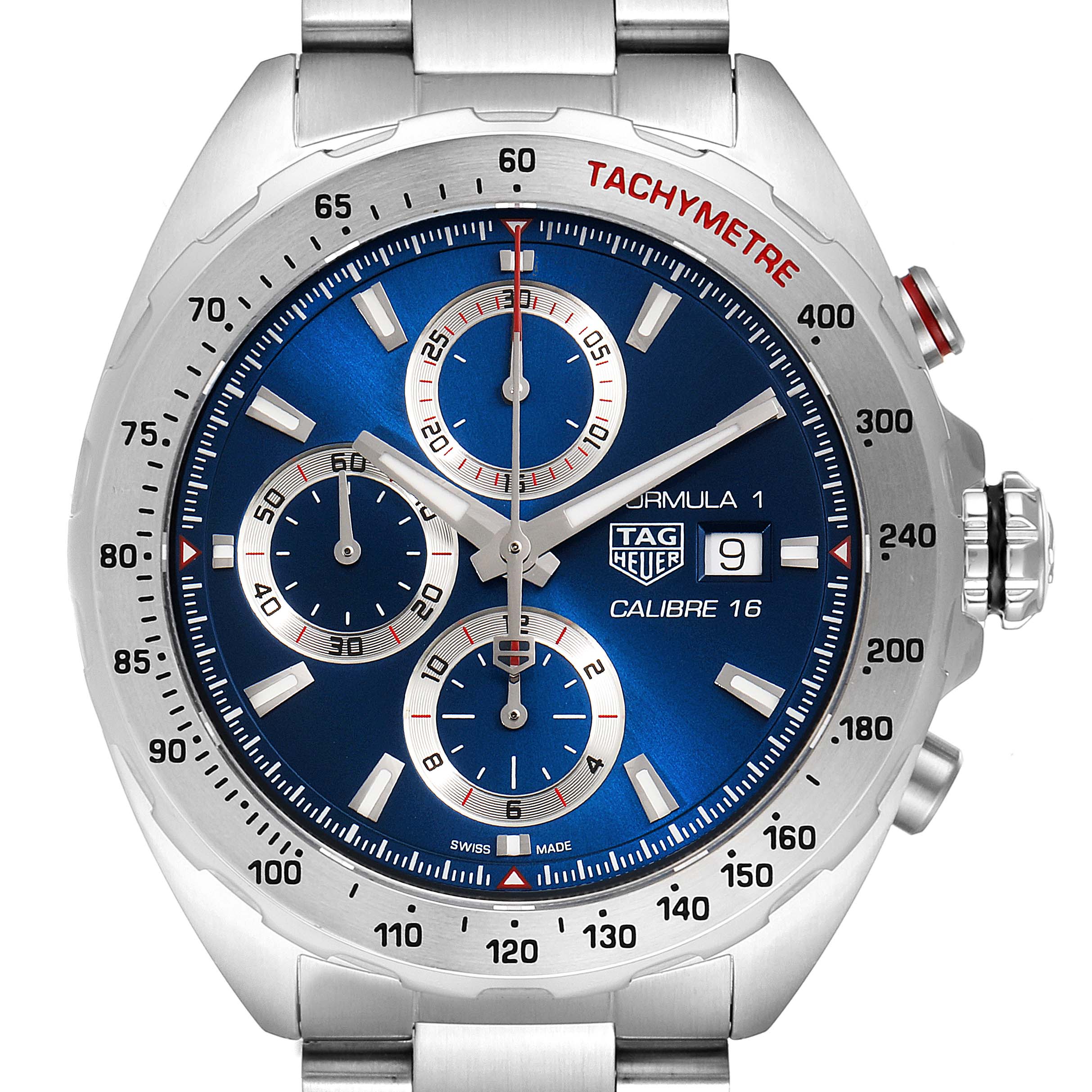The image shows a front view of the Tag Heuer Formula 1 CAZ2015.BA0876 Men's Stainless Steel Blue Dial CAZ2015.BA0876 Men's Stainless Steel Blue Dial watch, highlighting the dial, chronograph subdials, and tachymeter.
