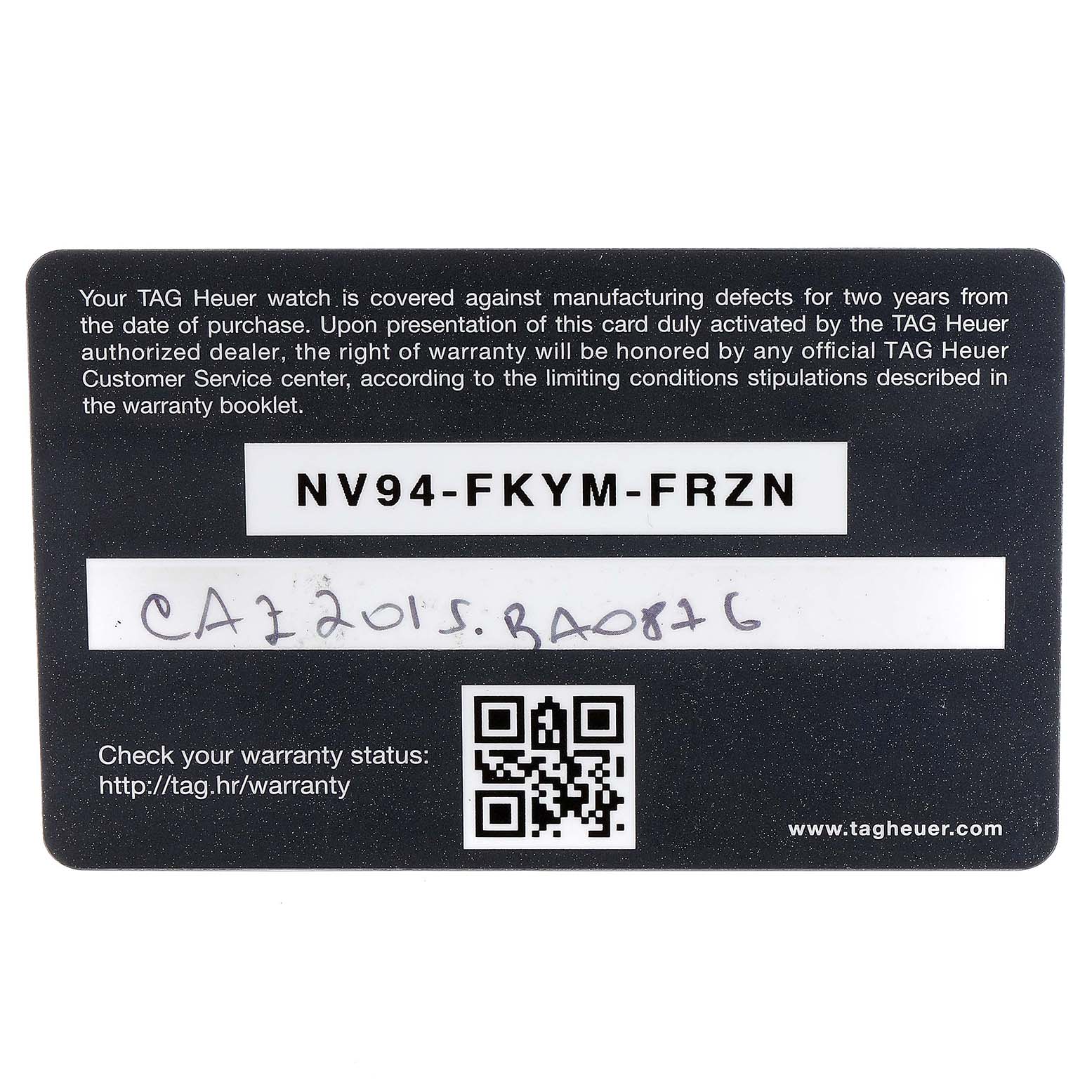 This is the warranty card for the Tag Heuer Formula 1 CAZ2015.BA0876 Men's Stainless Steel Blue Dial CAZ2015.BA0876 Men's Stainless Steel Blue Dial watch, shown from a top-down angle.