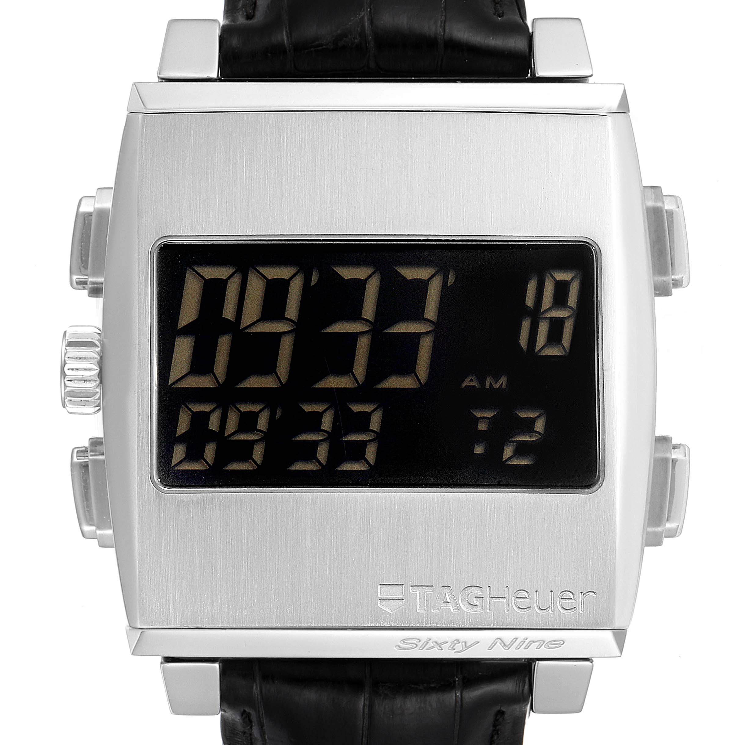 The image shows a front view of the Tag Heuer Monaco CW9110.FC6177 Men's Stainless Steel Black Dial CW9110.FC6177 Men's Stainless Steel Black Dial digital watch with a rectangular face and black leather strap.