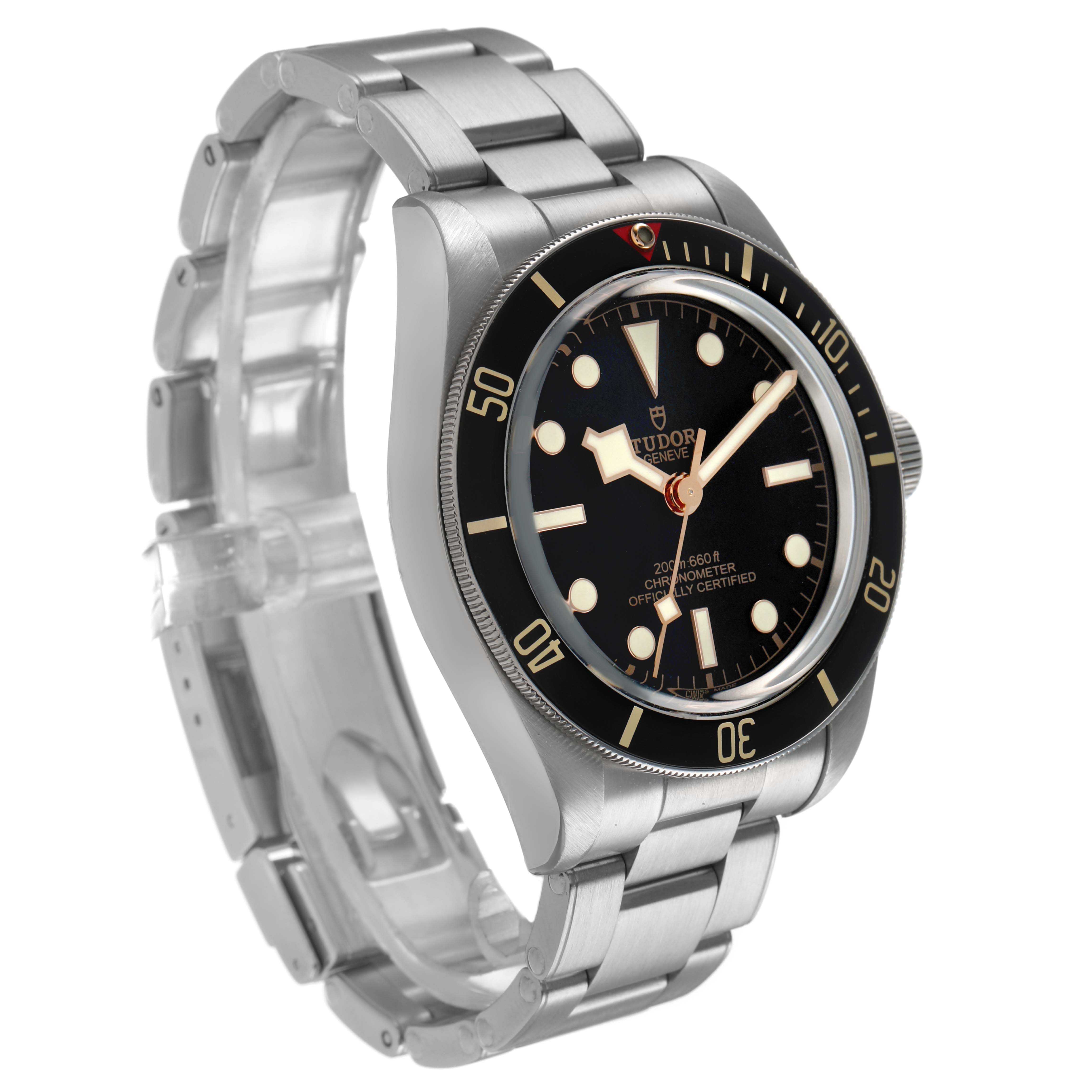 The Tudor Heritage Black Bay M79030N-0001 Men's Stainless Steel Black Dial watch is shown at a three-quarter angle, highlighting the case, dial, bezel, and bracelet.
