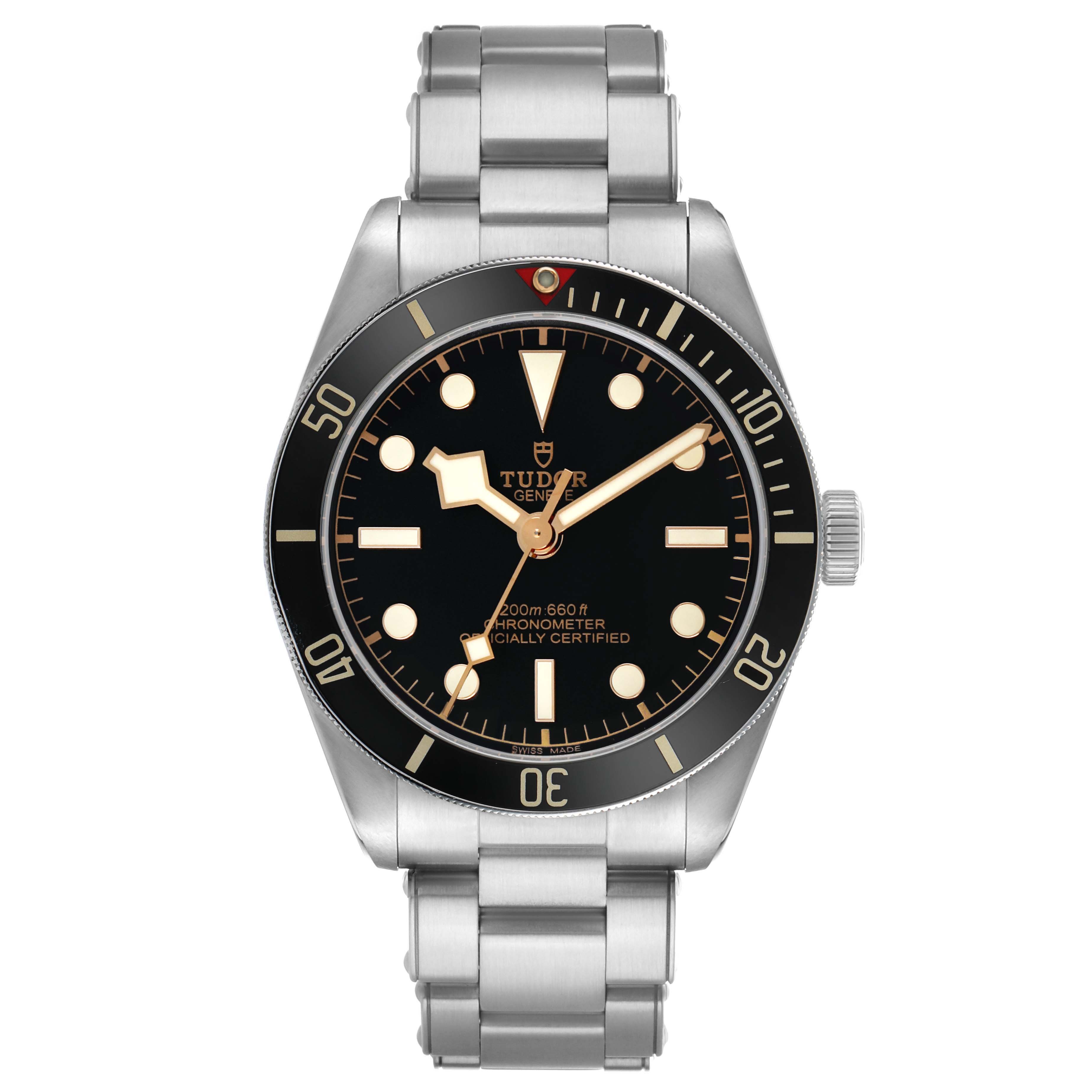 The Tudor Heritage Black Bay M79030N-0001 Men's Stainless Steel Black Dial watch is shown from the front, displaying its face, bezel, and stainless steel bracelet.