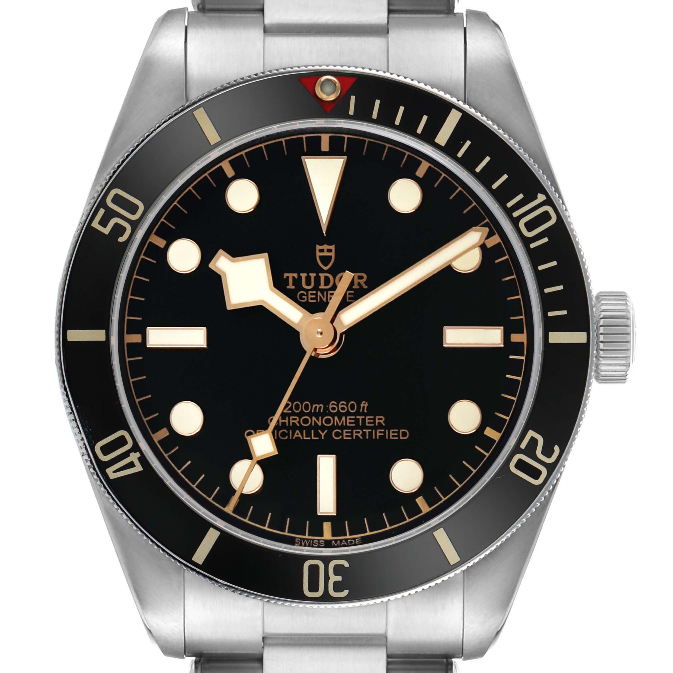 The Tudor Heritage Black Bay M79030N-0001 Men's Stainless Steel Black Dial watch is shown from the front, displaying the dial, bezel, and crown.