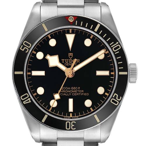 The Tudor Heritage Black Bay M79030N-0001 Men's Stainless Steel Black Dial watch is shown from the front, highlighting the dial, bezel, and part of the bracelet.