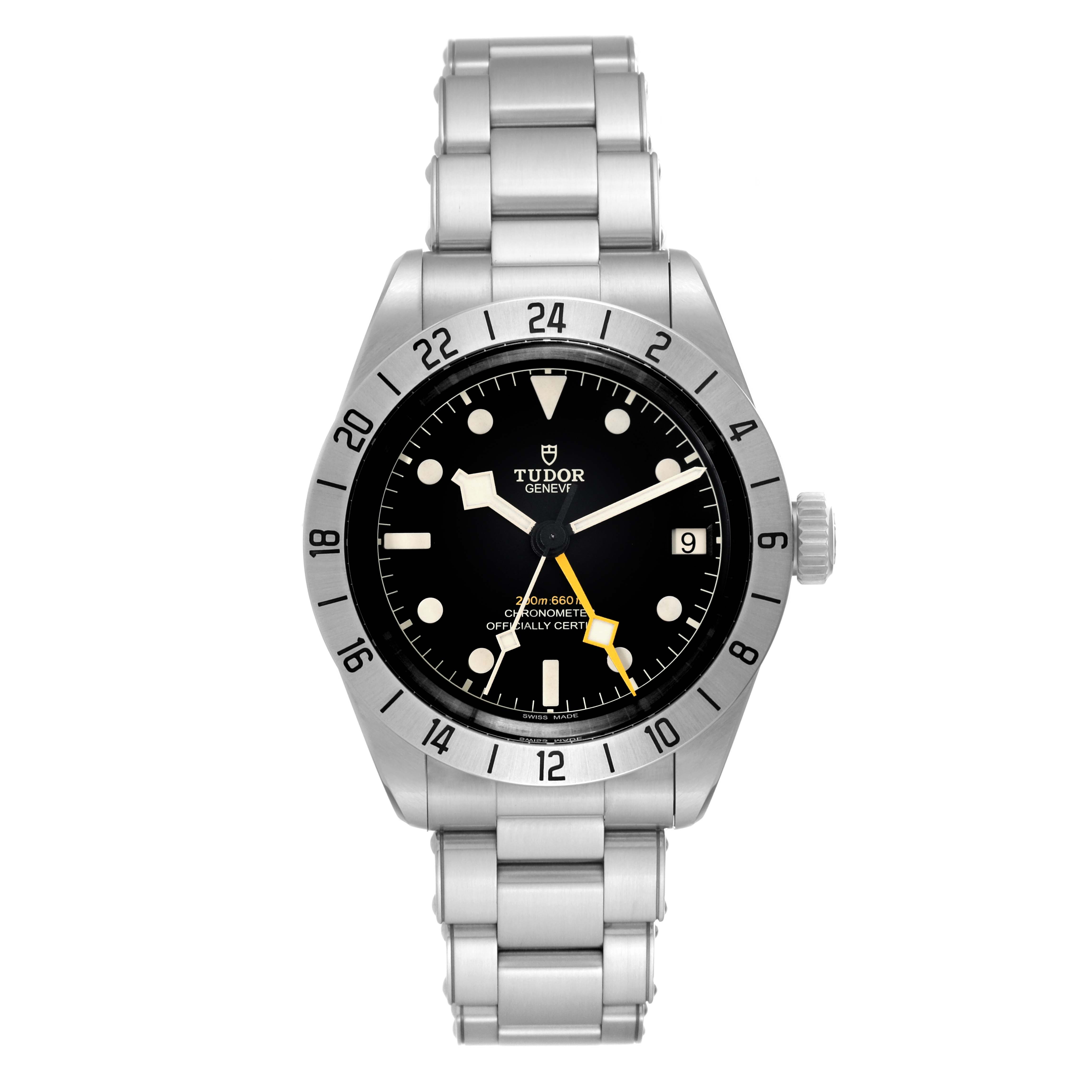 The image shows a front view of the Tudor Heritage Black Bay M79470-0001 Men
s Stainless Steel Black Dial M79470-0001 Men
s Stainless Steel Black Dial watch, highlighting its face, bezel, crown, and bracelet.