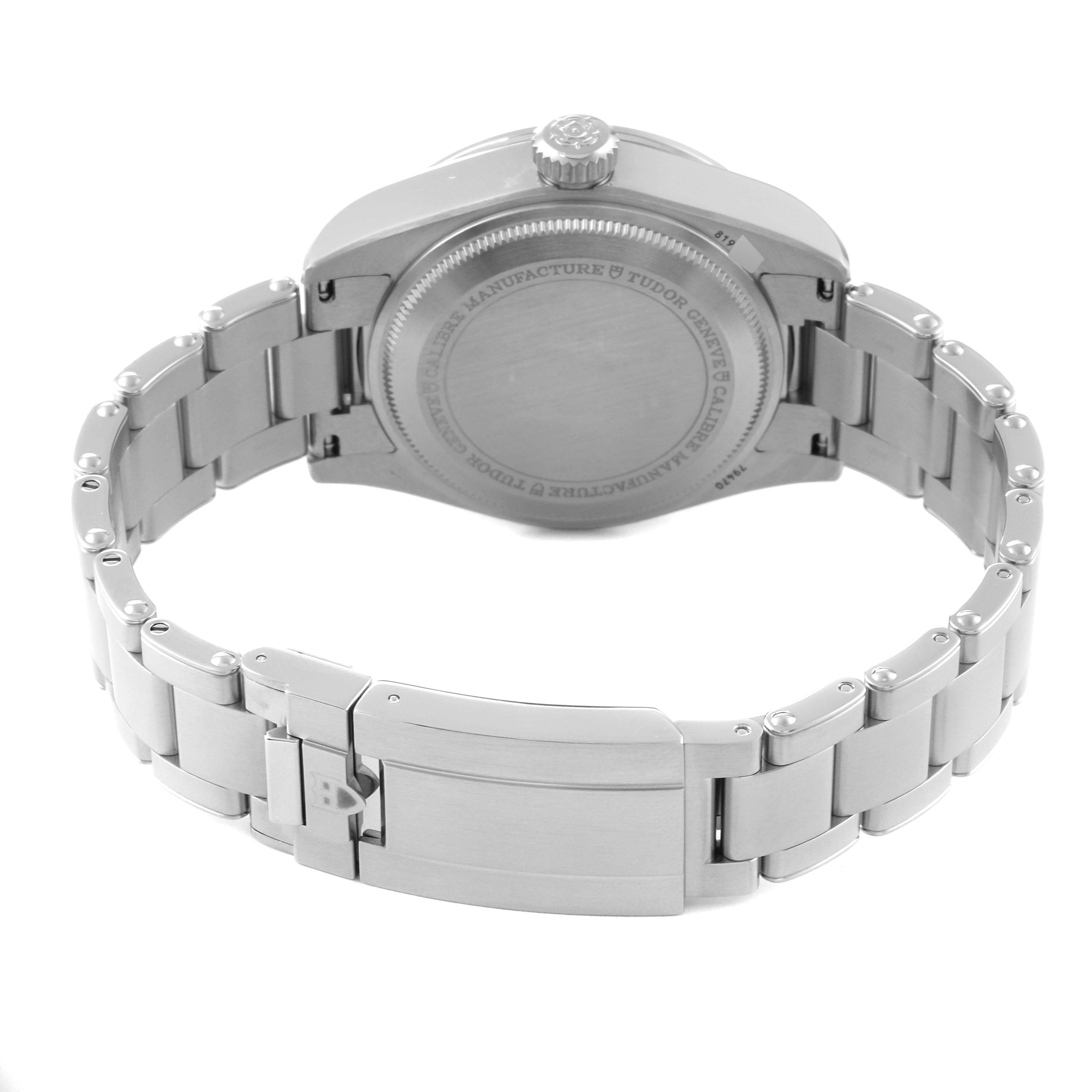 This image shows the back side and bracelet of the Tudor Heritage Black Bay M79470-0001 Men
s Stainless Steel Black Dial M79470-0001 Men
s Stainless Steel Black Dial watch, highlighting the case back and clasp.