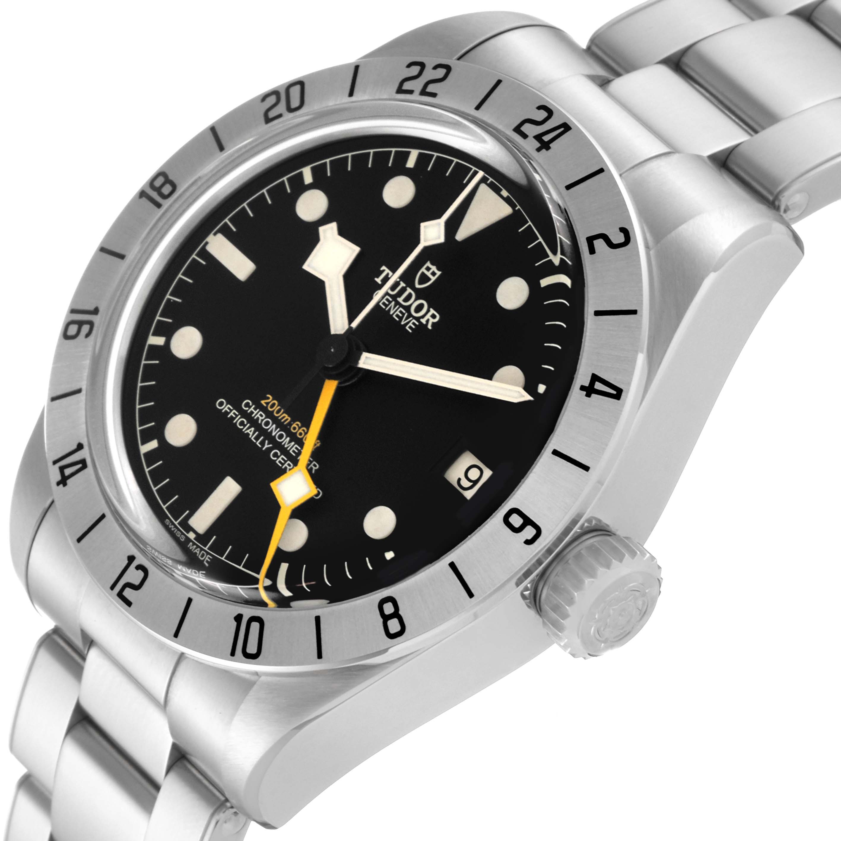 The Tudor Heritage Black Bay M79470-0001 Men
s Stainless Steel Black Dial M79470-0001 Men
s Stainless Steel Black Dial watch is shown in a close-up angle, highlighting the dial, bezel, crown, and part of the bracelet.
