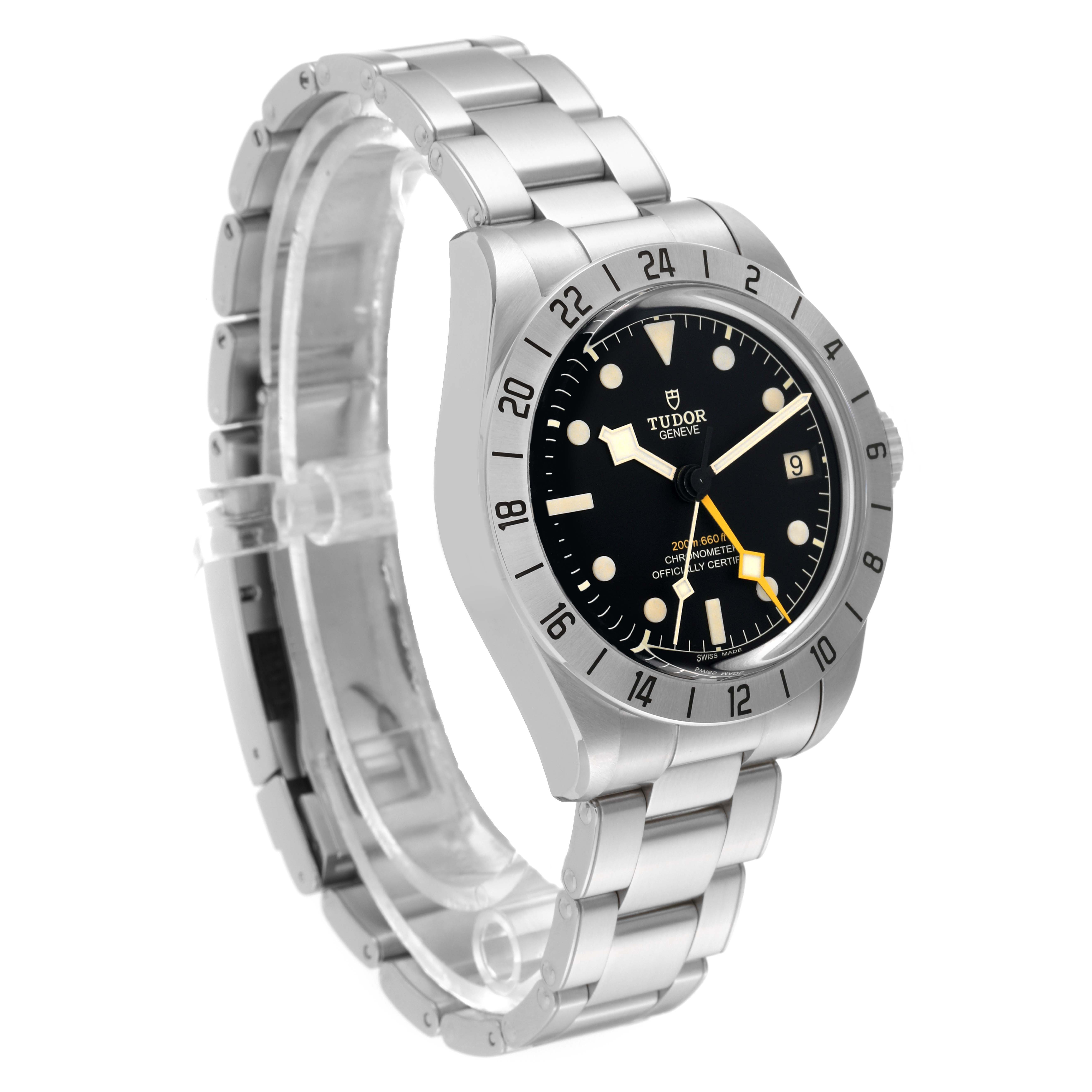 This image shows a Tudor Heritage Black Bay M79470-0001 Men
s Stainless Steel Black Dial M79470-0001 Men
s Stainless Steel Black Dial watch at a three-quarter angle, highlighting its dial, bezel, and bracelet.