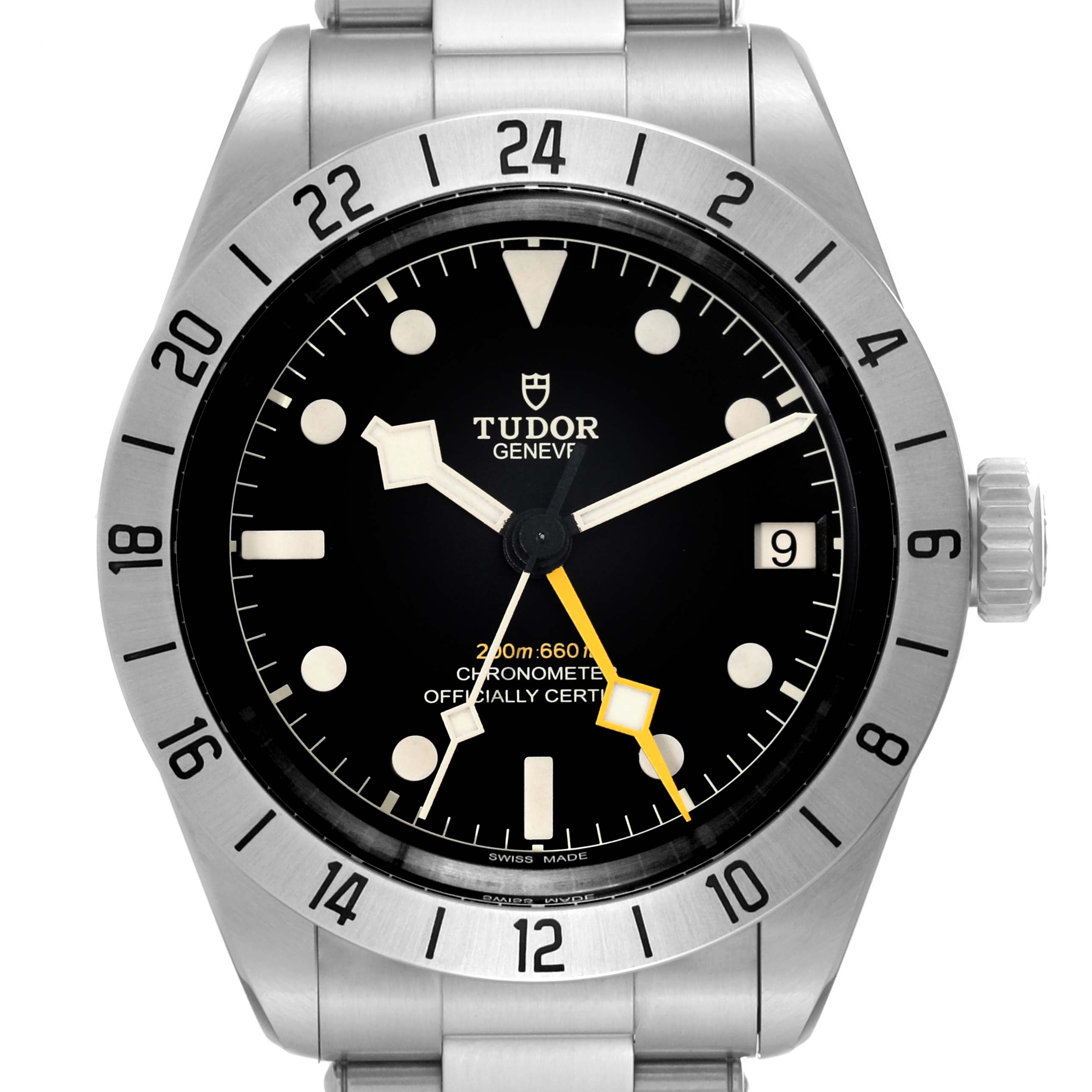 This image shows the front view of the Tudor Heritage Black Bay M79470-0001 Men
s Stainless Steel Black Dial M79470-0001 Men
s Stainless Steel Black Dial watch, displaying its dial and bezel.