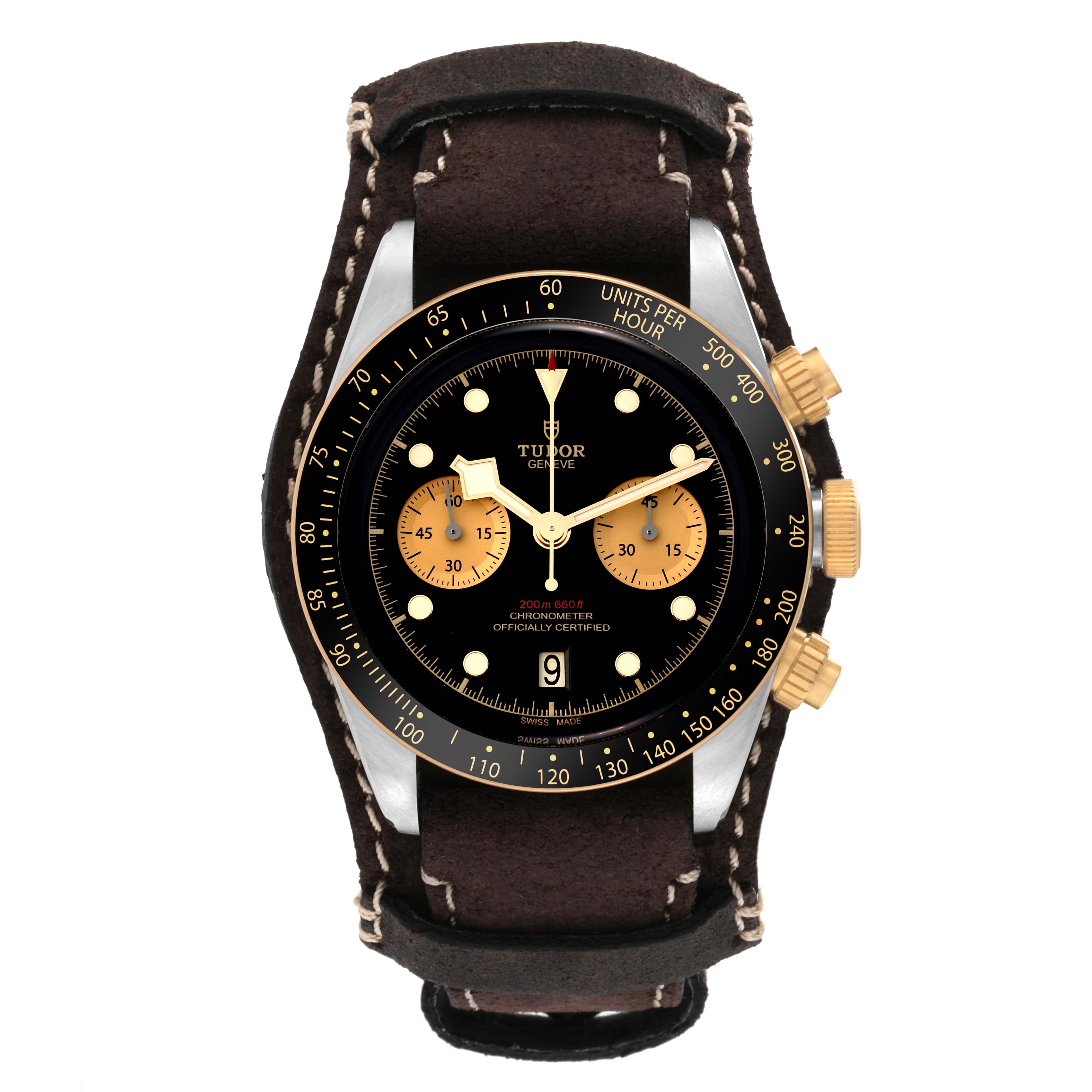 The image shows a front view of the Tudor Heritage Black Bay 79363N Men
s Steel and Gold (two tone) Black Dial 79363N Men
s Steel and Gold (two tone) Black Dial watch, highlighting the dial, bezel, and leather strap.