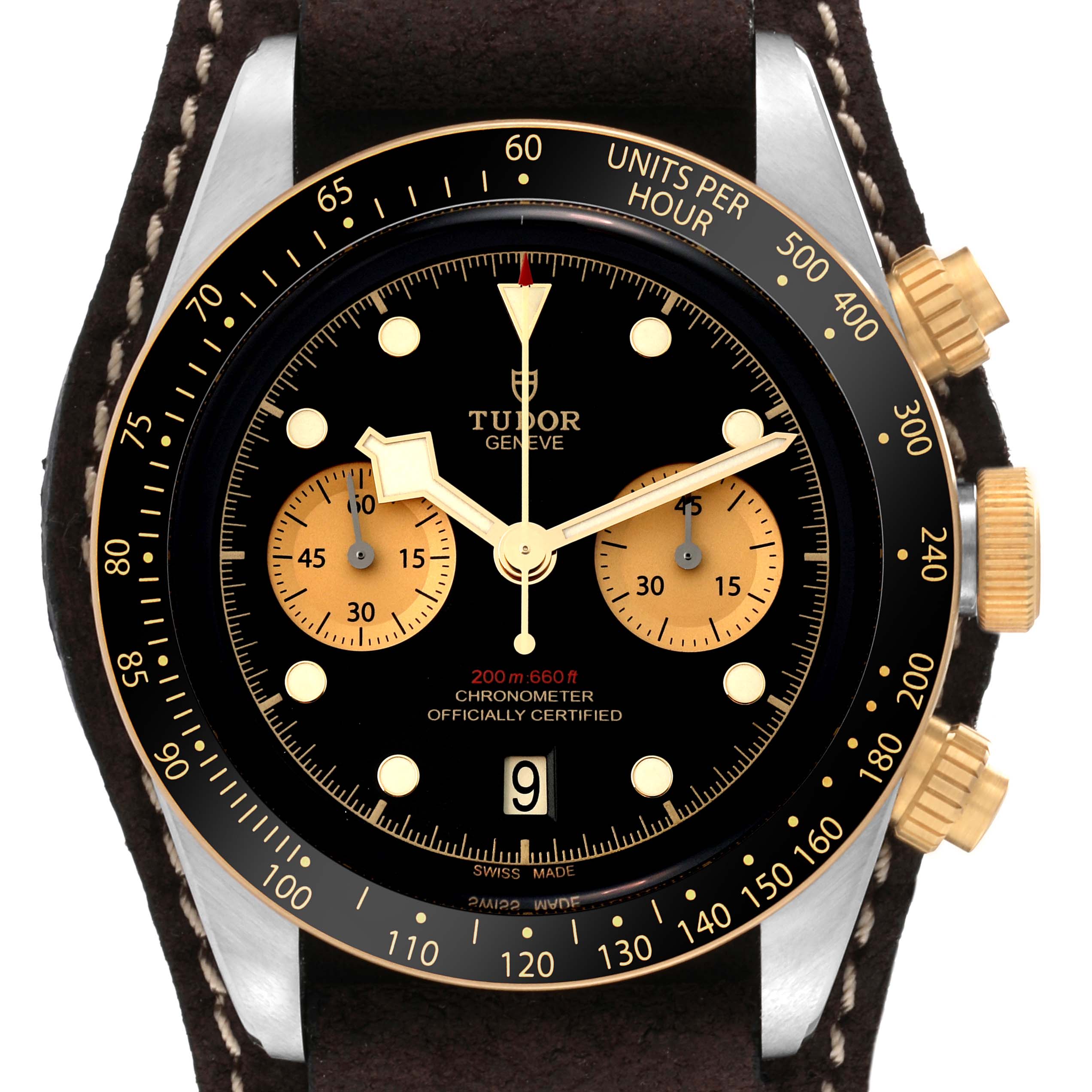 The image shows a frontal view of the Tudor Heritage Black Bay 79363N Men
s Steel and Gold (two tone) Black Dial 79363N Men
s Steel and Gold (two tone) Black Dial watch, highlighting its dial, bezel, and chronograph features.