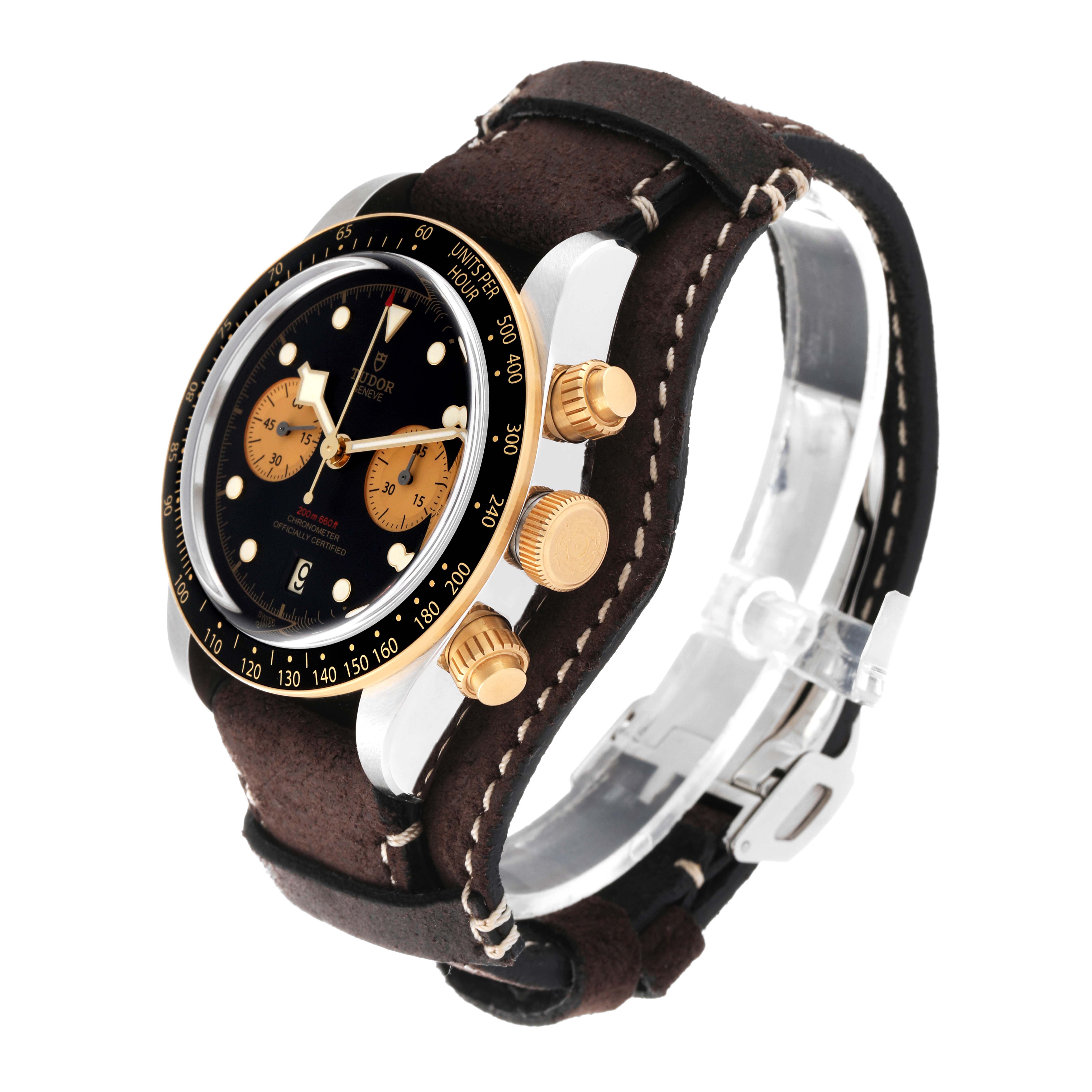The Tudor Heritage Black Bay 79363N Men
s Steel and Gold (two tone) Black Dial 79363N Men
s Steel and Gold (two tone) Black Dial watch is shown at a slight angle, highlighting its dial, bezel, and crown.