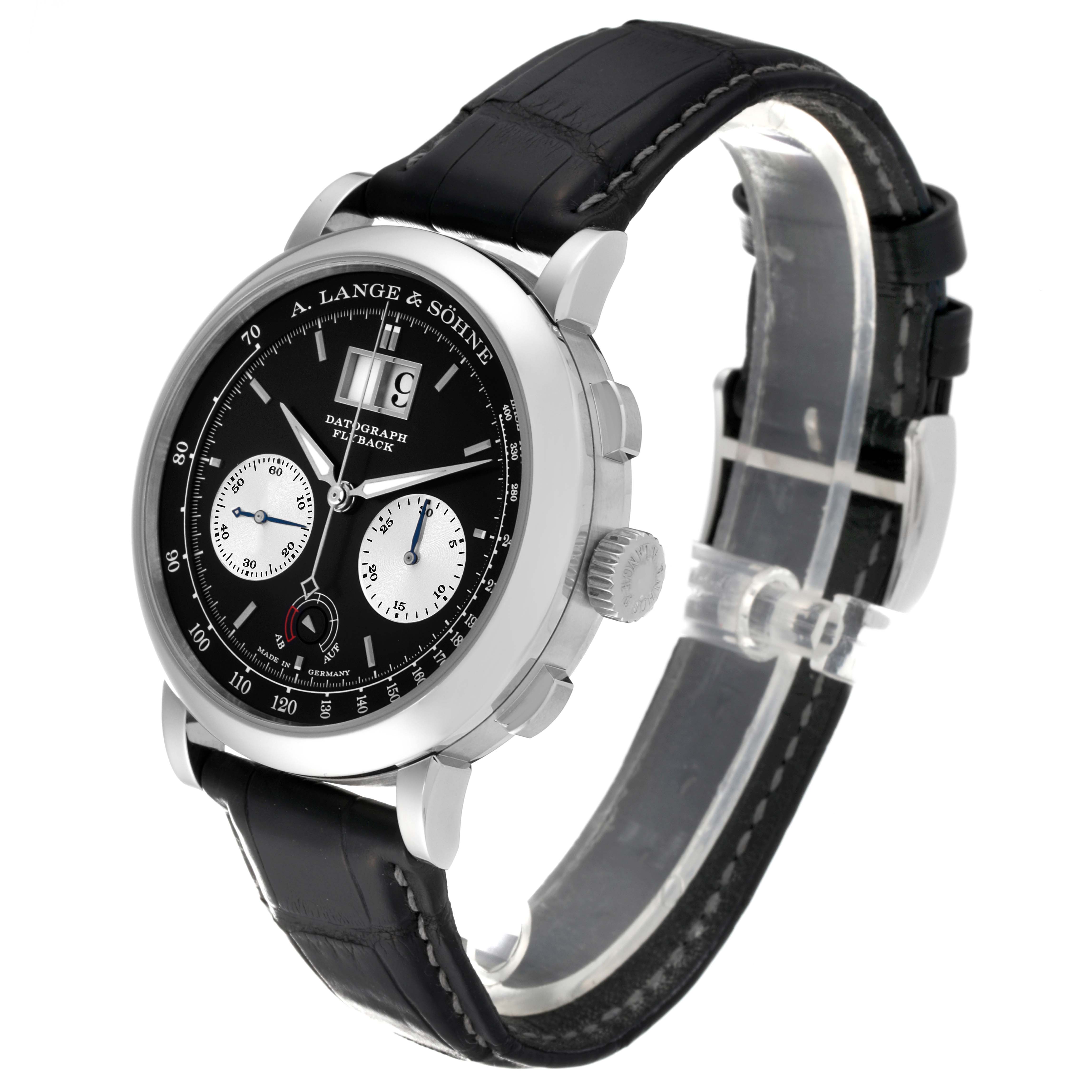 This image shows a side-front angle of the A. Lange 
Sohne Datograph 405.035 Men
s Platinum Black Dial watch, featuring its black dial, silver case, and leather strap.