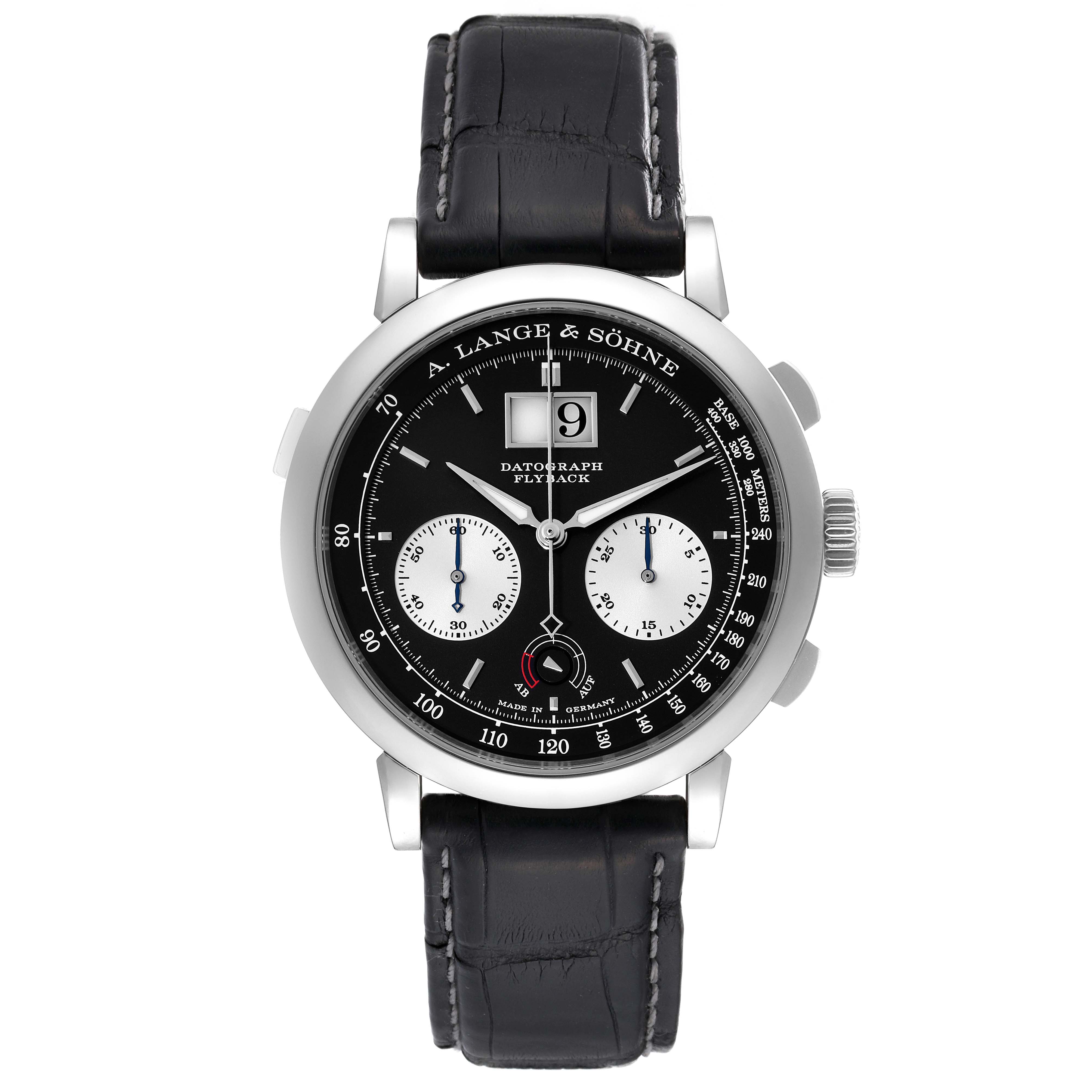 This image shows a front view of the A. Lange 
Sohne Datograph watch, featuring a black dial, chronograph subdials, and leather strap.