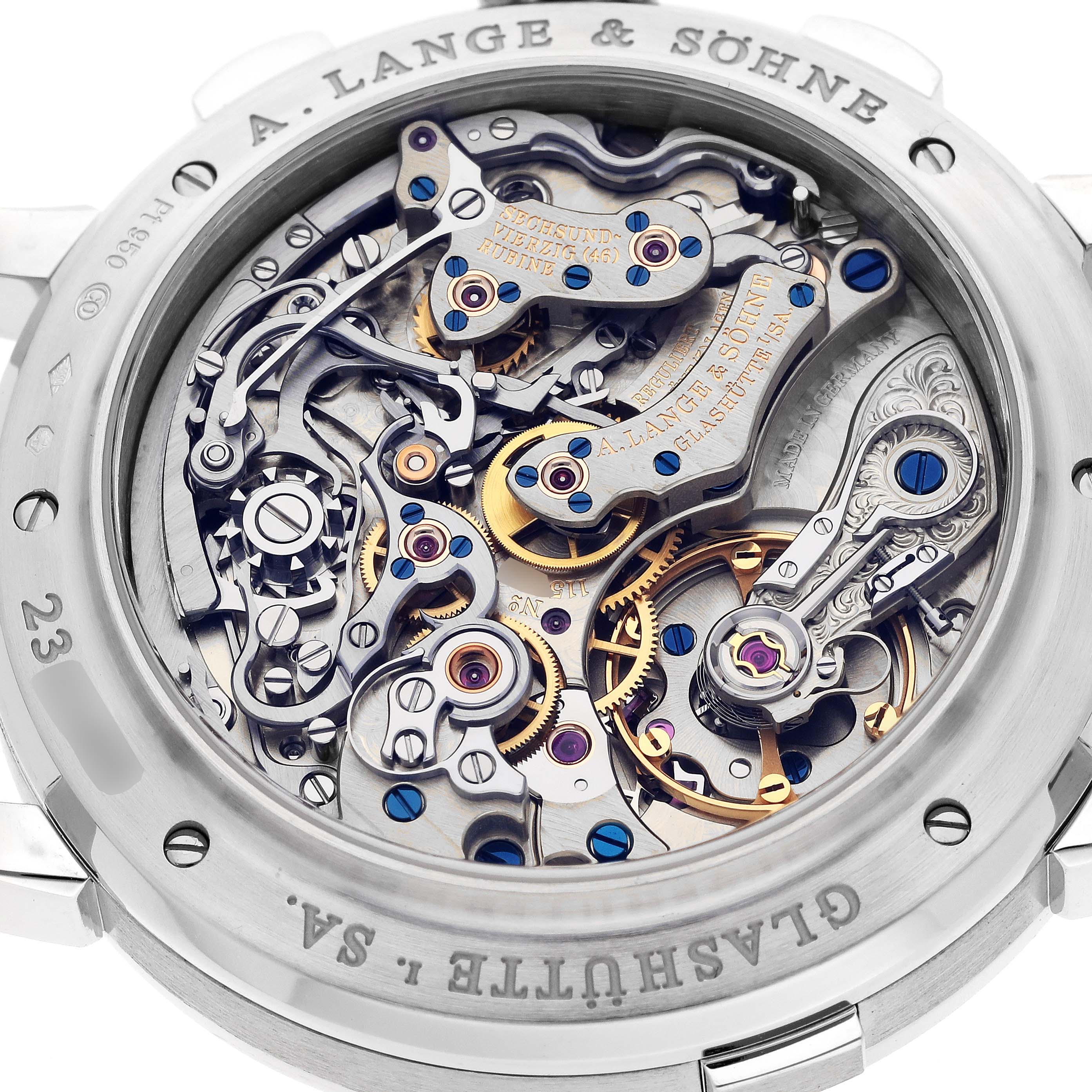 This image shows the intricate rear view of the A. Lange 
Sohne Datograph 405.035 Men
s Platinum Black Dial model
s movement mechanism.