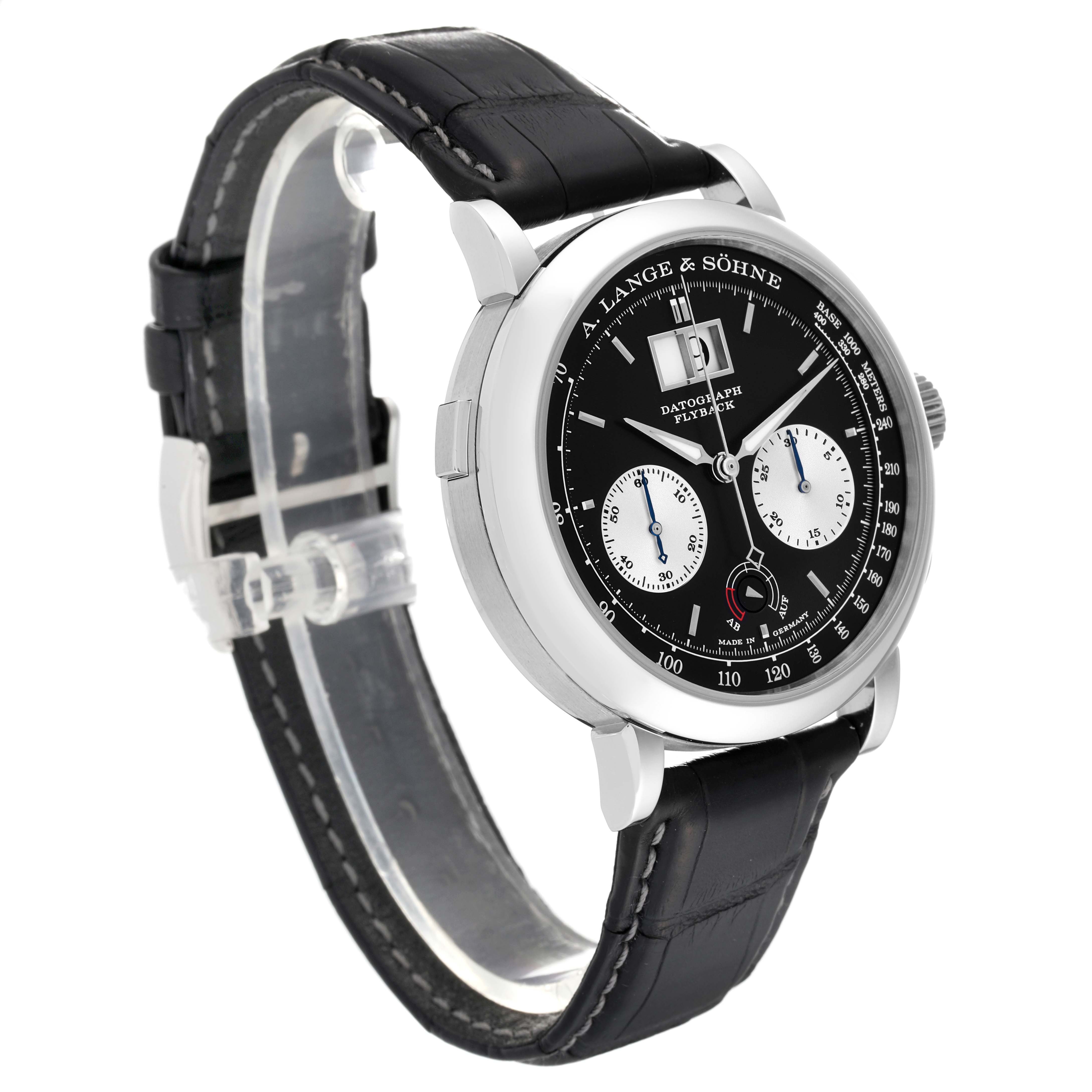The A. Lange 
Sohne Datograph 405.035 Men
s Platinum Black Dial watch is shown at a slight angle, displaying its black dial, two subdials, and black leather strap.