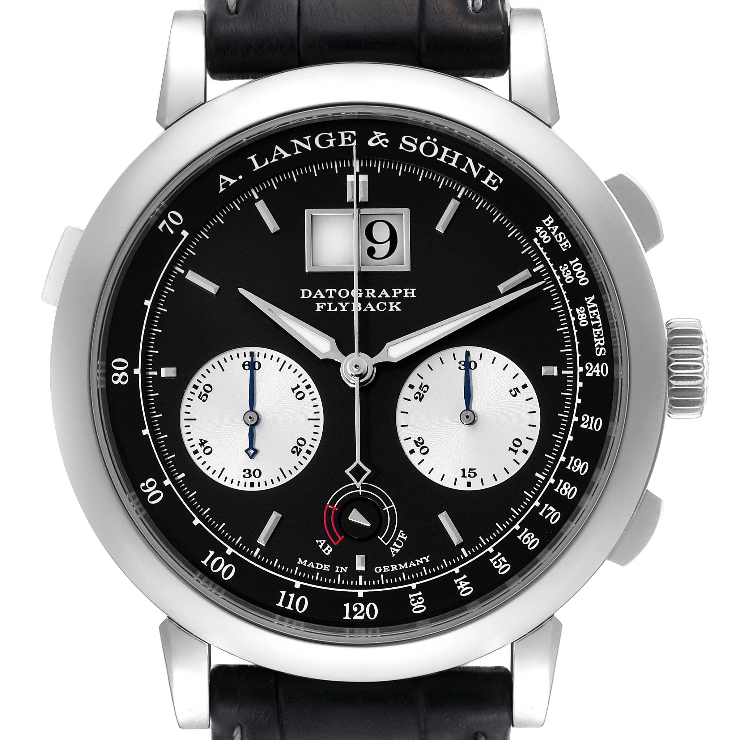 The image shows a front view of the A. Lange 
Sohne Datograph watch, highlighting its dial, subdials, and casing.