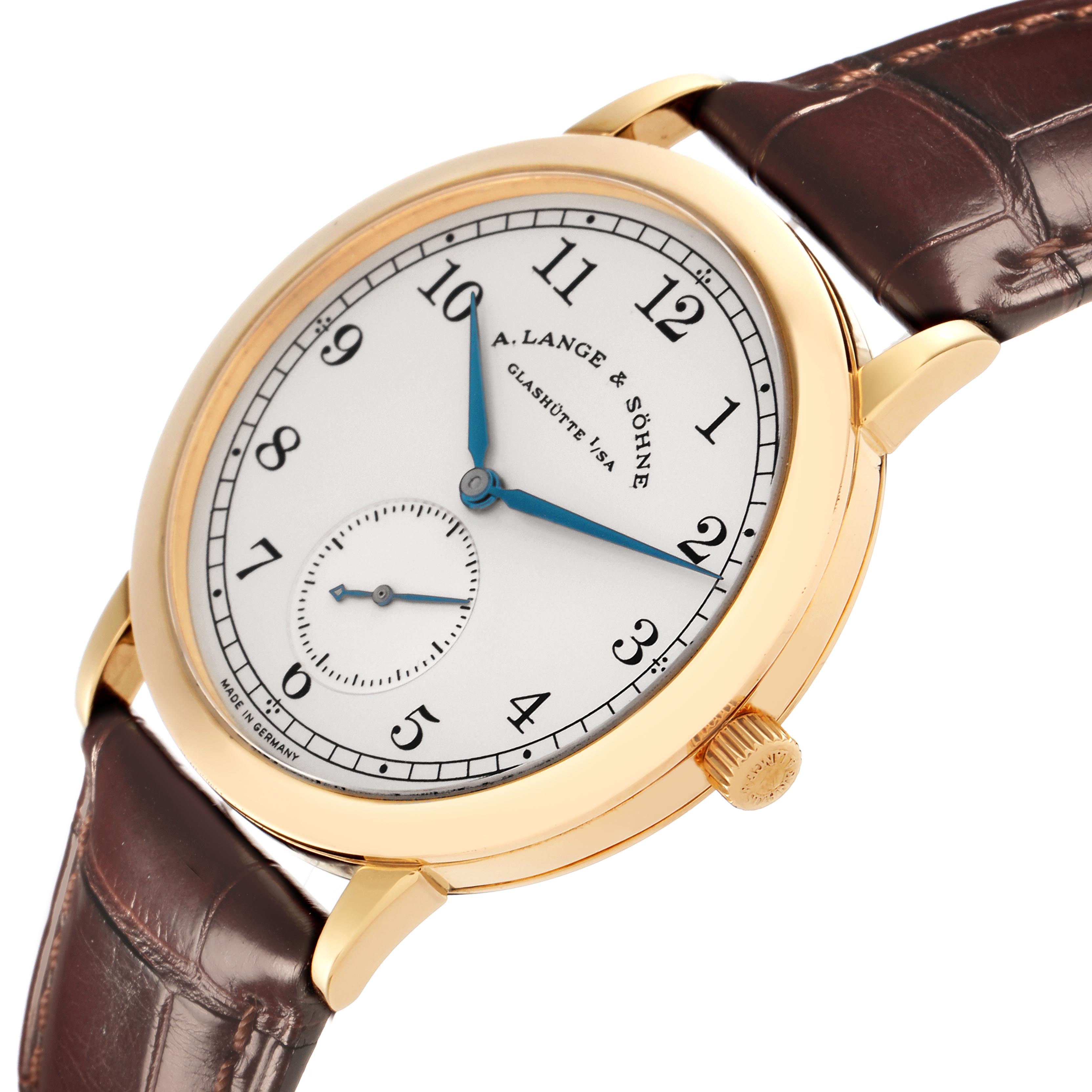 The A. Lange & Sohne 1815 206.021 Men's Yellow Gold Silver Dial watch is shown from a diagonal angle, highlighting the dial, hands, crown, and leather strap.