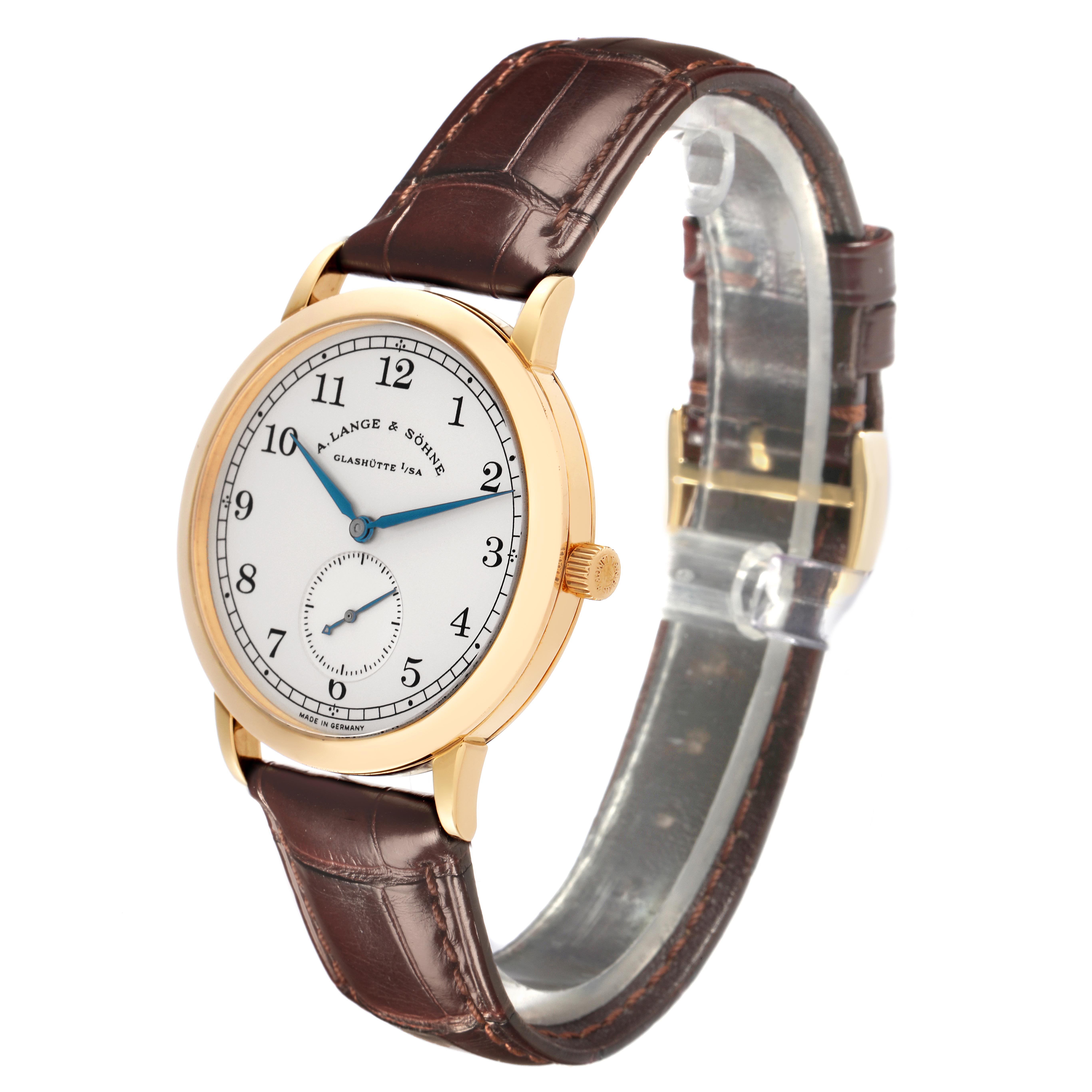 The A. Lange & Sohne 1815 206.021 Men's Yellow Gold Silver Dial watch is shown at a three-quarter angle, highlighting the dial, case, and brown leather strap.
