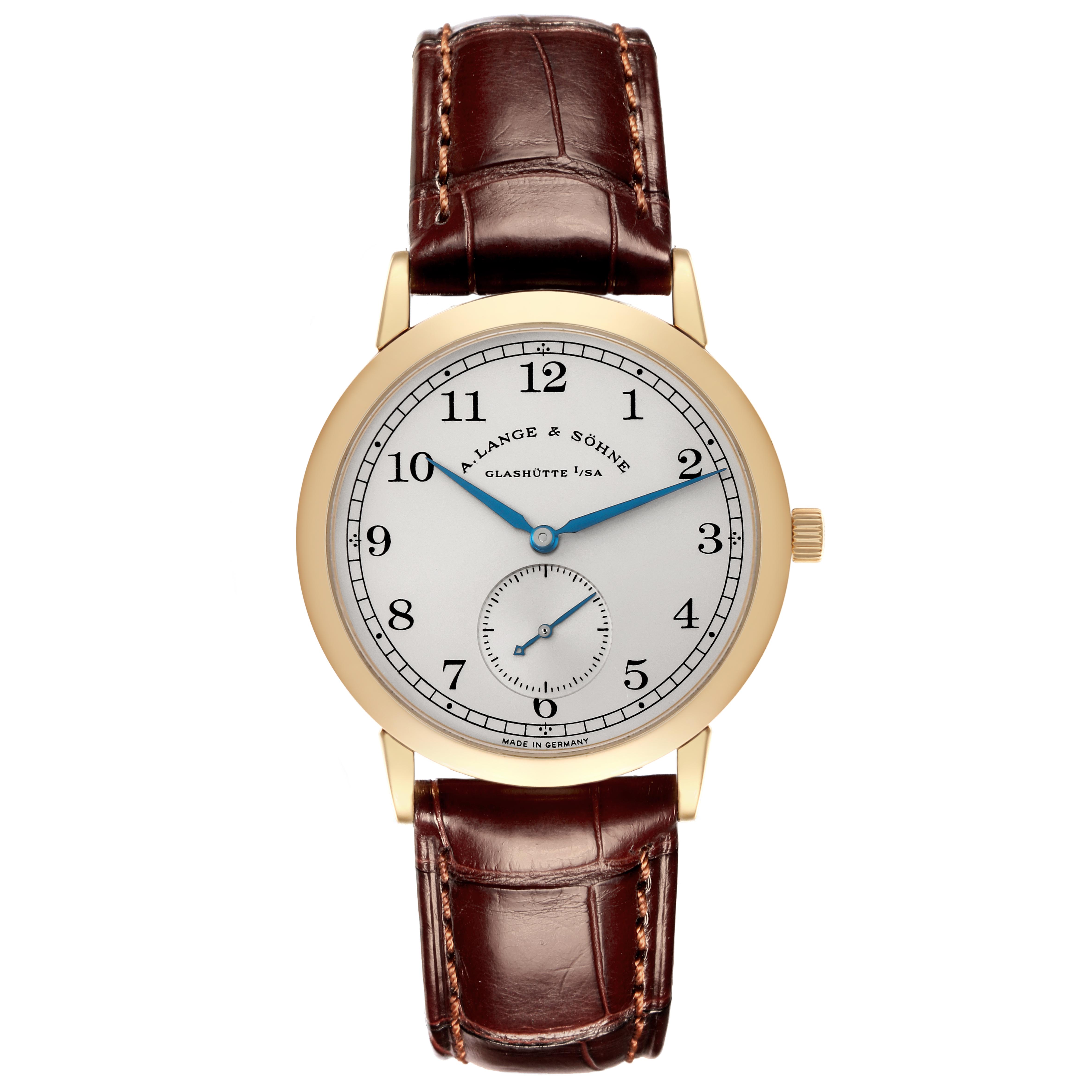 The A. Lange & Sohne 1815 206.021 Men's Yellow Gold Silver Dial watch is shown from a front angle, displaying its dial, hands, numerals, and leather strap.