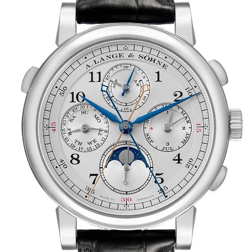 The A. Lange & Sohne 1815 421.025FE Men's Platinum Silver Dial watch is shown from a front angle, highlighting its dial, subdials, and moon phase.