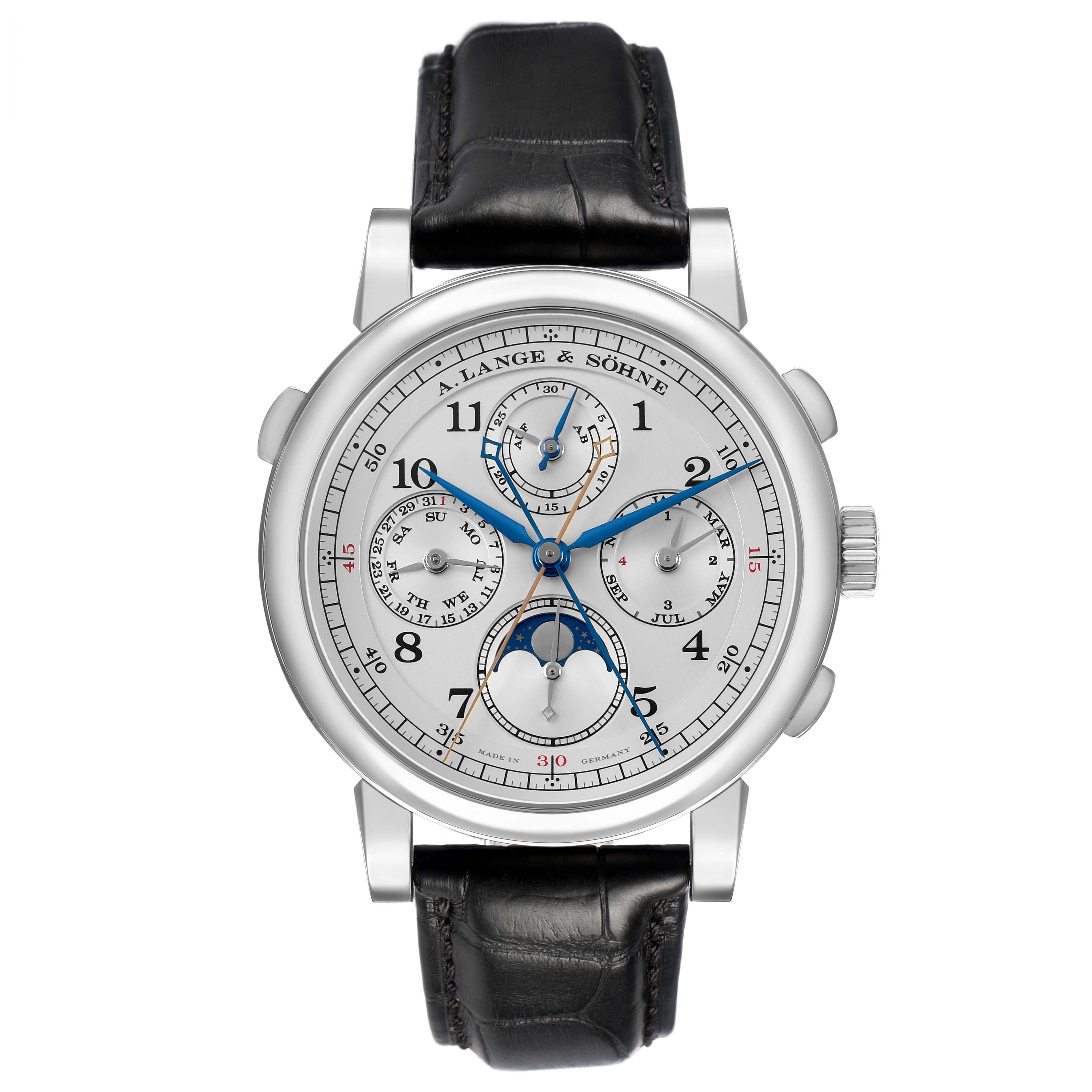 The A. Lange & Sohne 1815 421.025FE Men's Platinum Silver Dial watch is shown from the front, displaying its dial, subdials, and black leather strap.