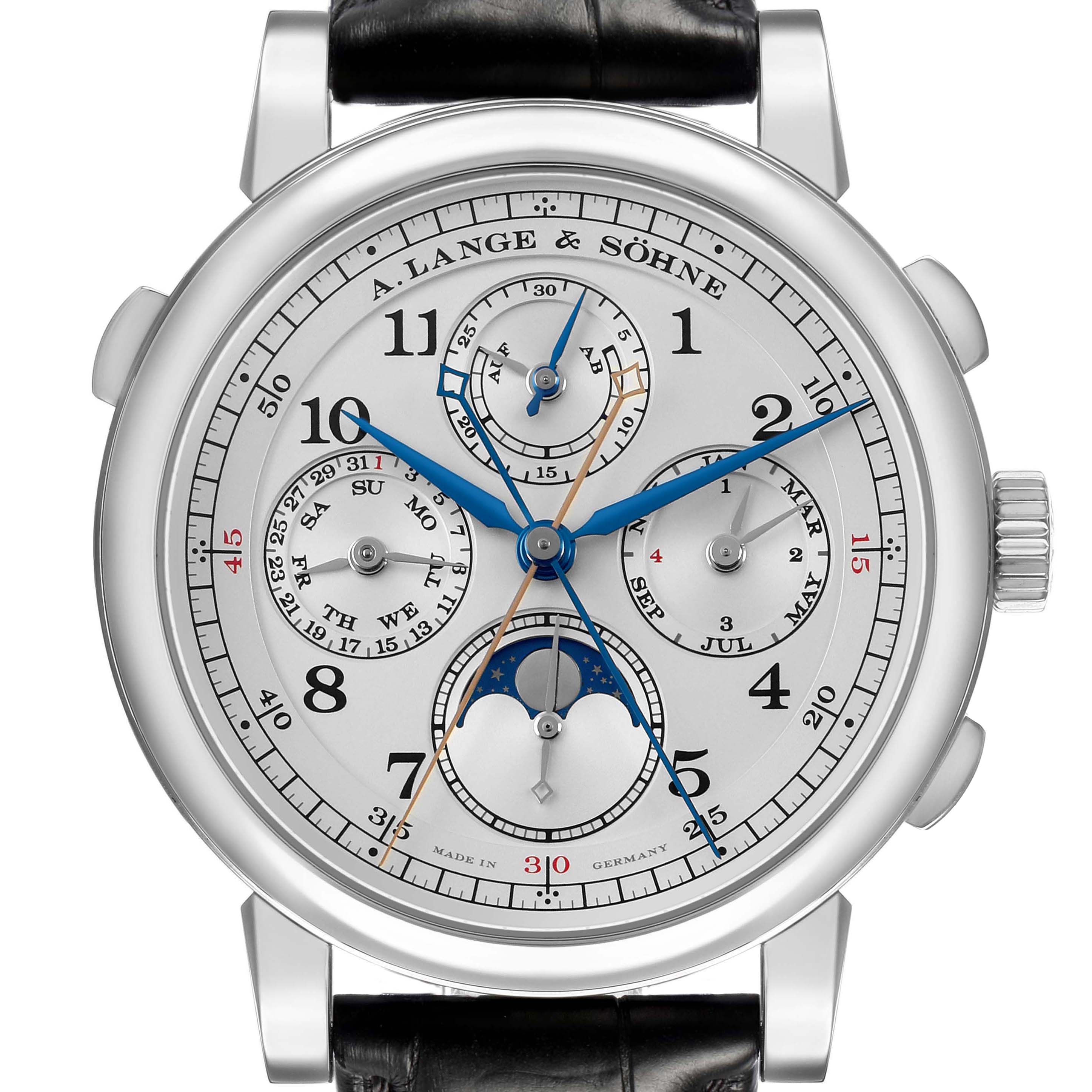 The A. Lange & Sohne 1815 421.025FE Men's Platinum Silver Dial watch is shown from a front angle, highlighting its dials, moon phase, and leather strap.