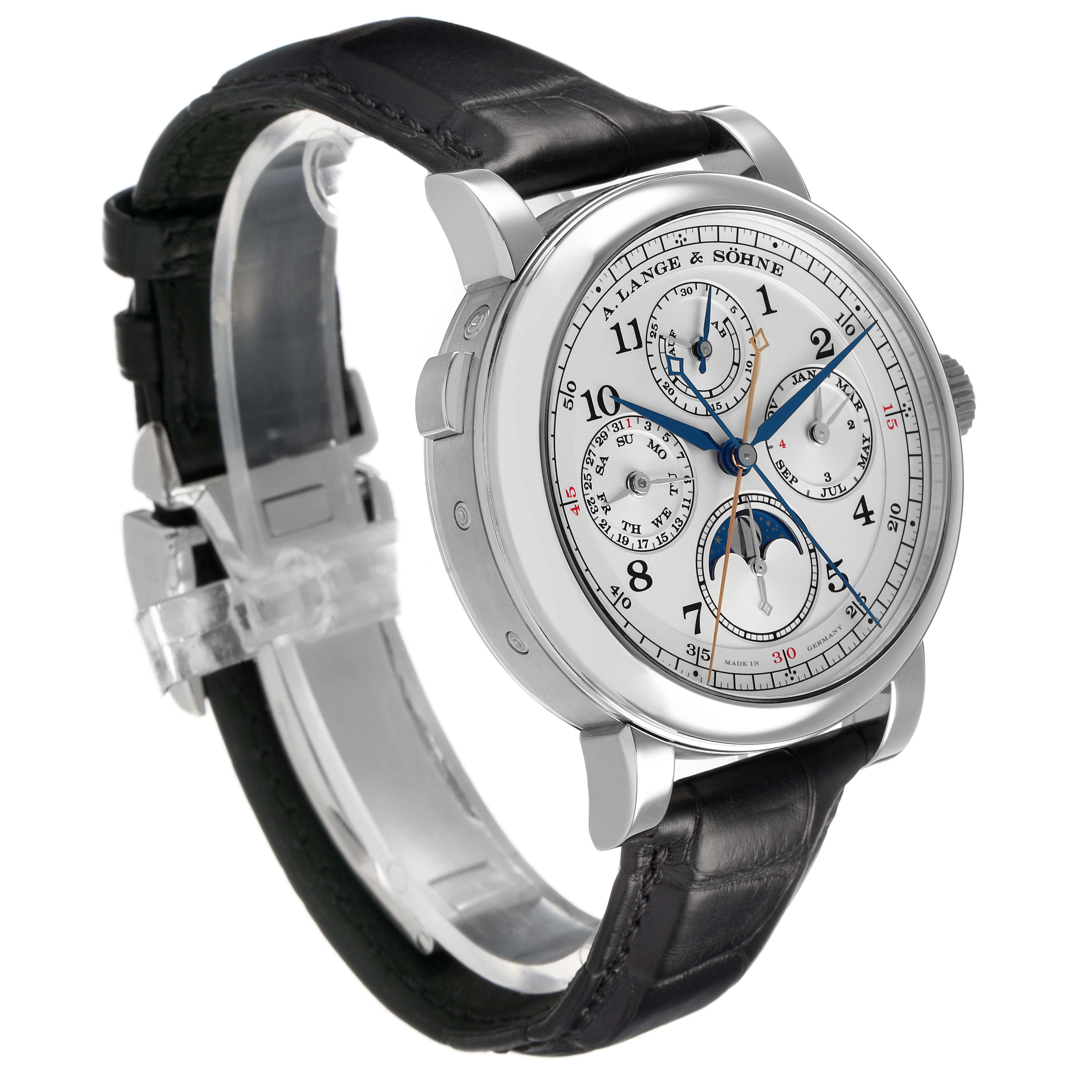 The A. Lange & Sohne 1815 421.025FE Men's Platinum Silver Dial watch is shown at a slight angle, highlighting its silver dial, sub-dials, and black leather strap.