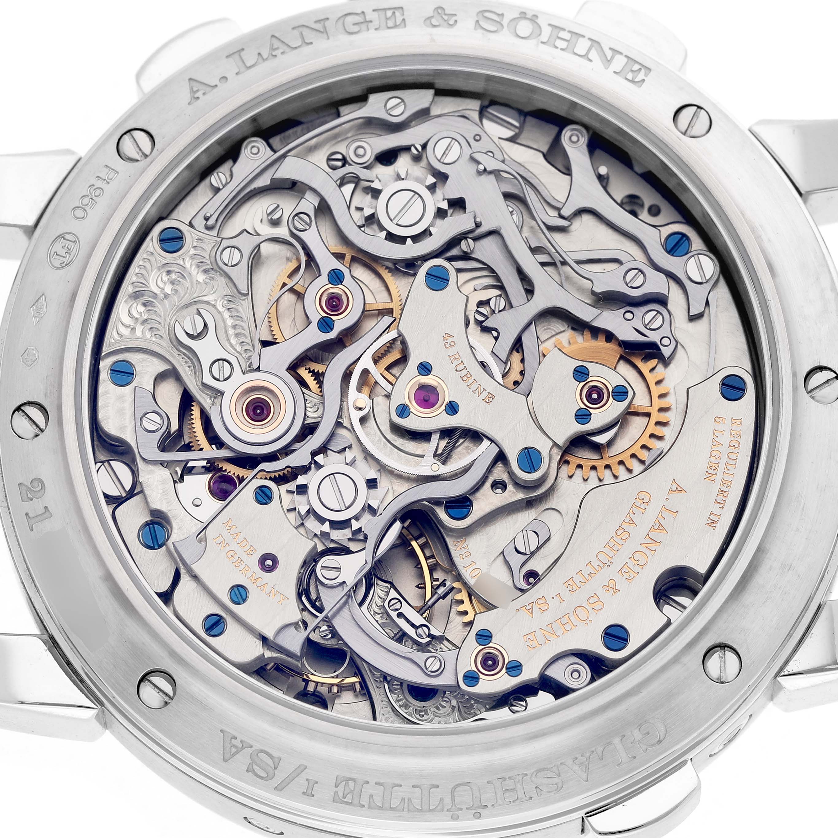 The image shows the intricate movement of the A. Lange & Sohne 1815 421.025FE Men's Platinum Silver Dial watch from a back view, displaying gears and components.