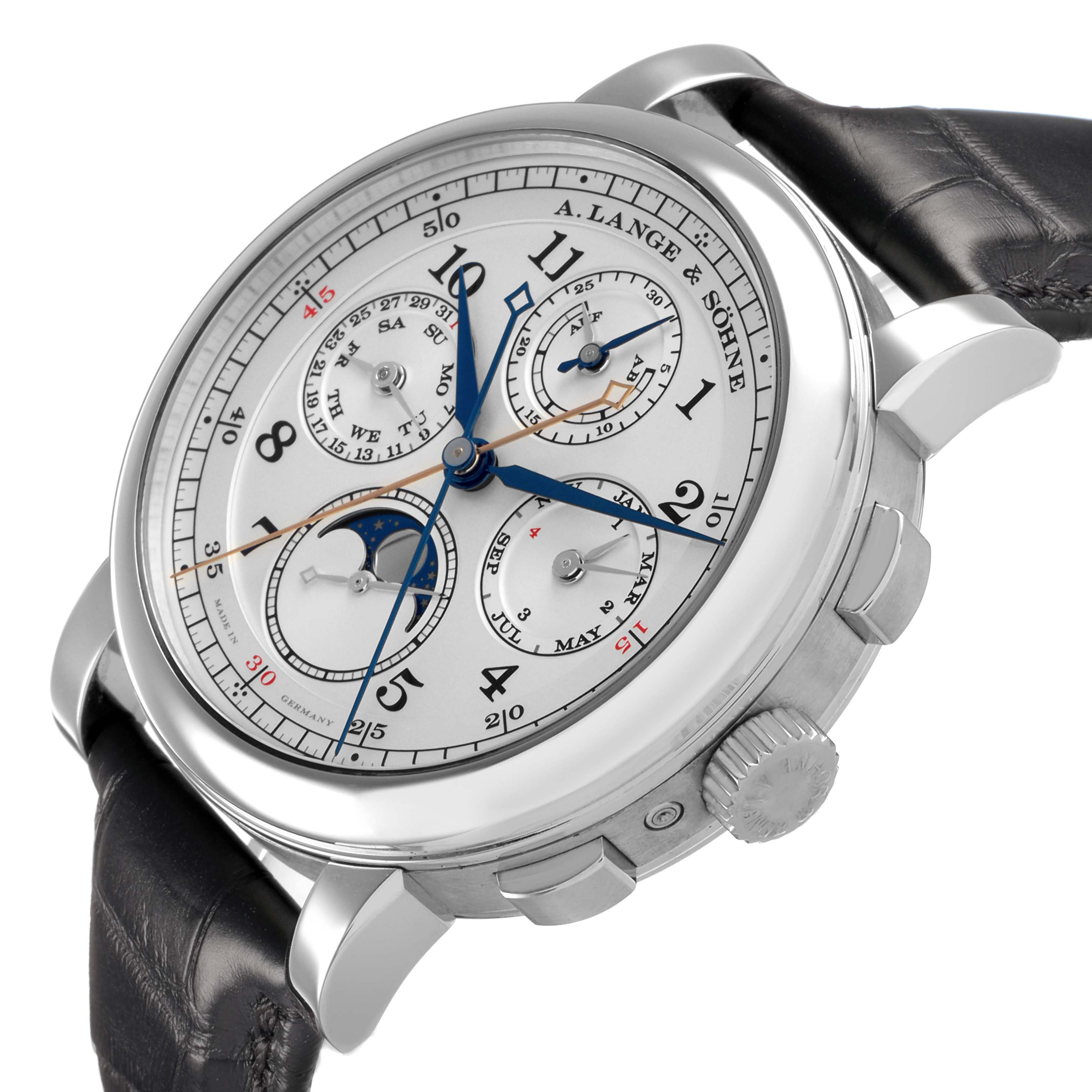 The A. Lange & Sohne 1815 421.025FE Men's Platinum Silver Dial model watch is shown at an angled view, highlighting the dial, subdials, and pushers, with a leather strap.