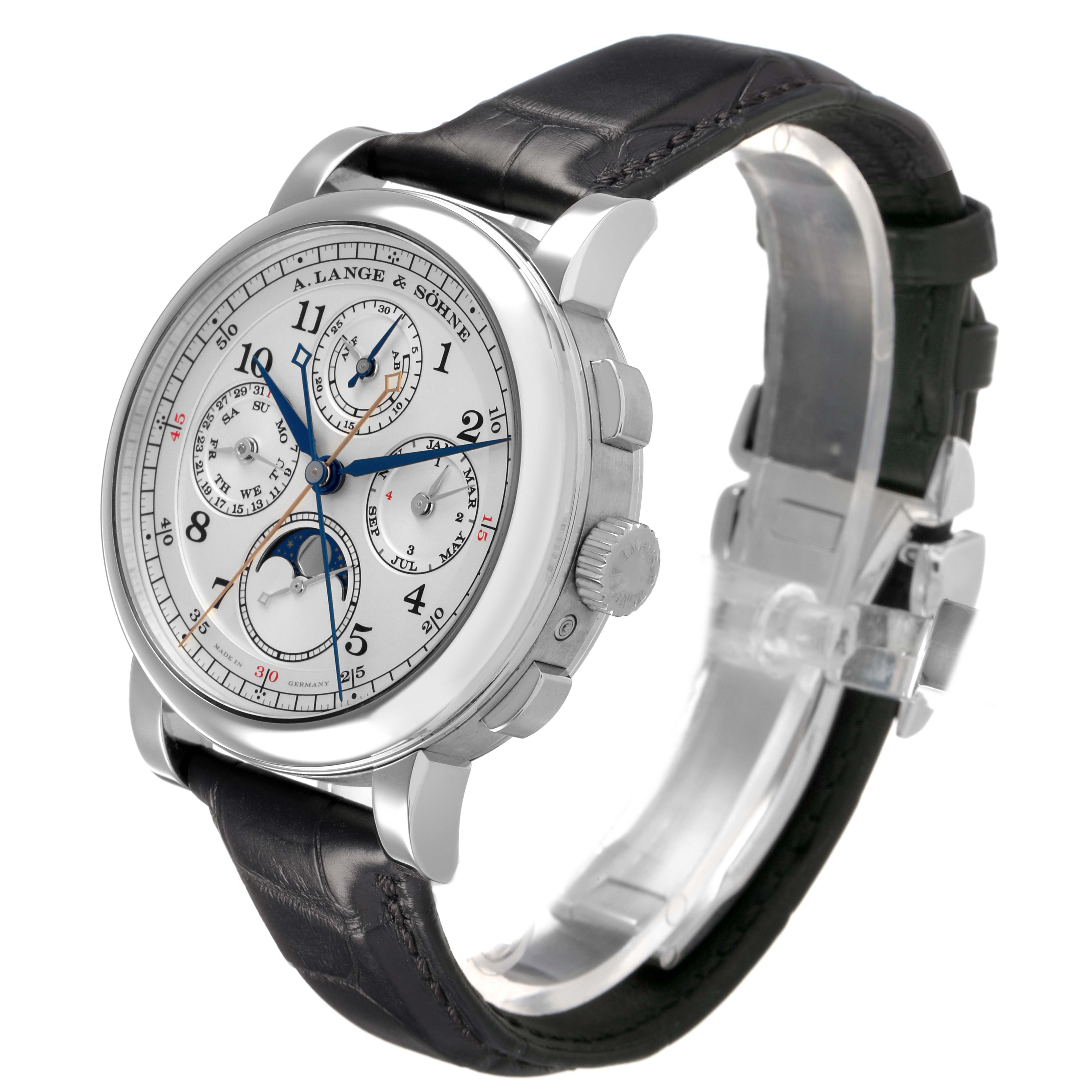 The A. Lange & Sohne 1815 421.025FE Men's Platinum Silver Dial watch is shown from a three-quarter front angle, displaying the dial, case, crown, and leather strap.